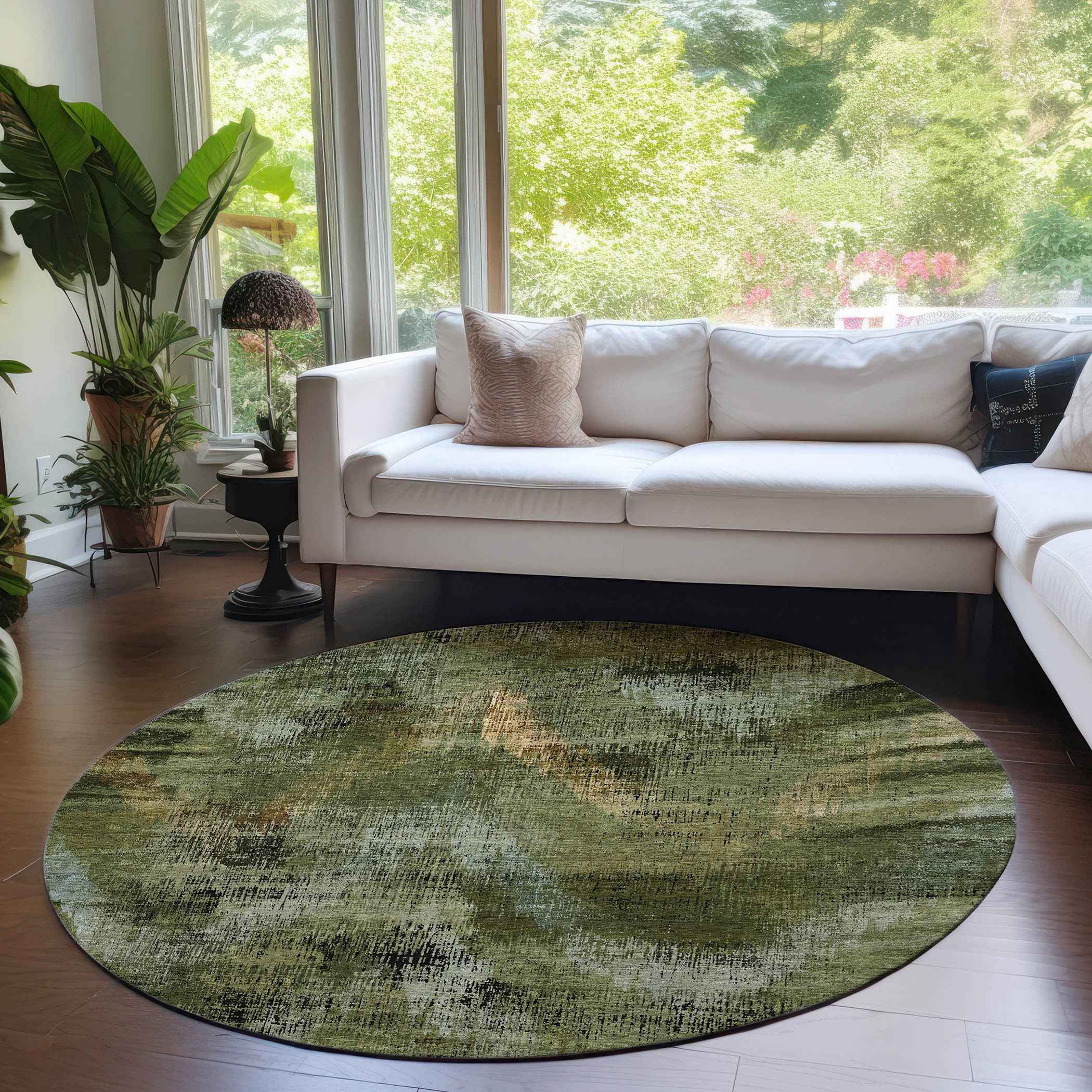 8' Olive Green And Gold Round Abstract Washable Indoor Outdoor Area Rug