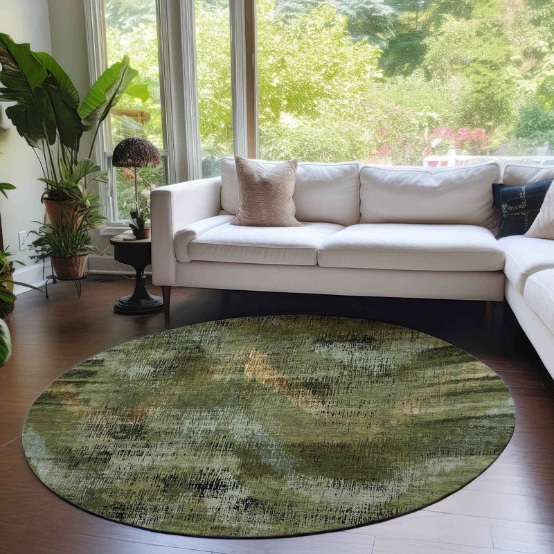 8' Olive Green And Gold Round Abstract Washable Indoor Outdoor Area Rug