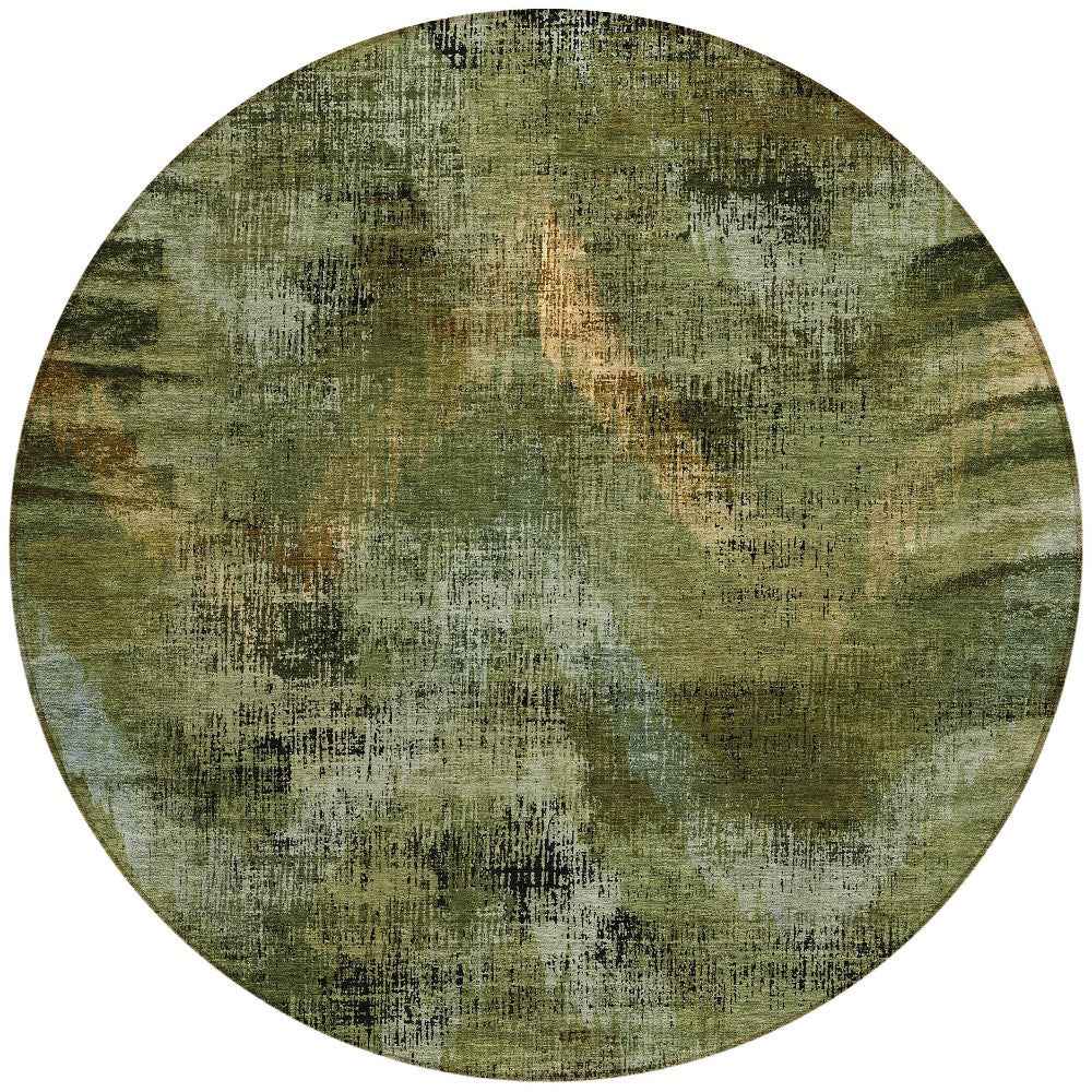 8' Olive Green And Gold Round Abstract Washable Indoor Outdoor Area Rug