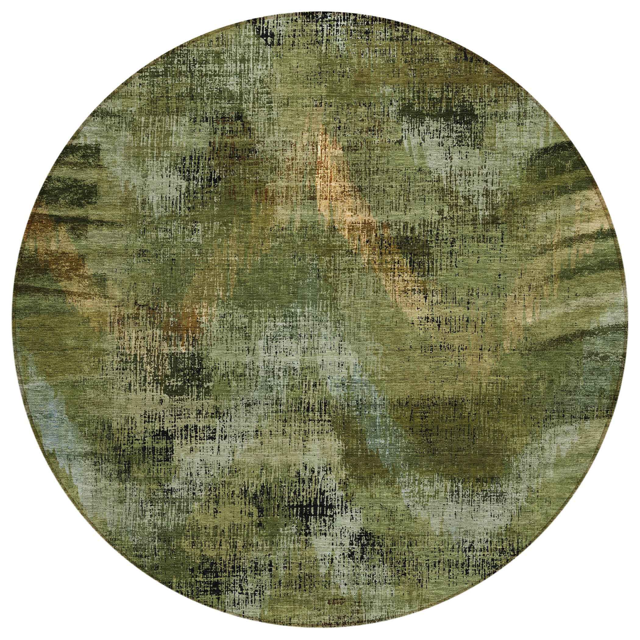 8' Olive Green And Gold Round Abstract Washable Indoor Outdoor Area Rug