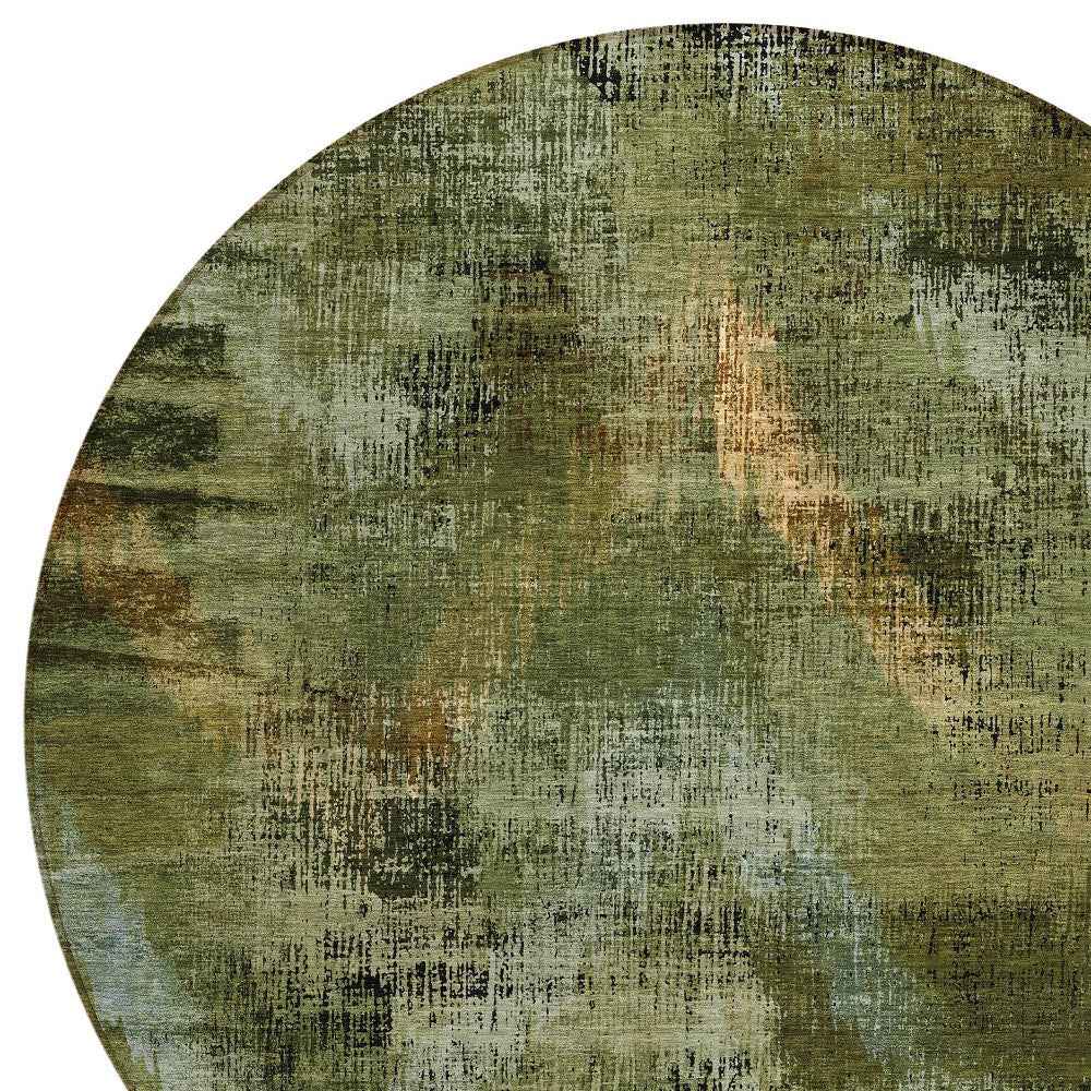 8' Olive Green And Gold Round Abstract Washable Indoor Outdoor Area Rug