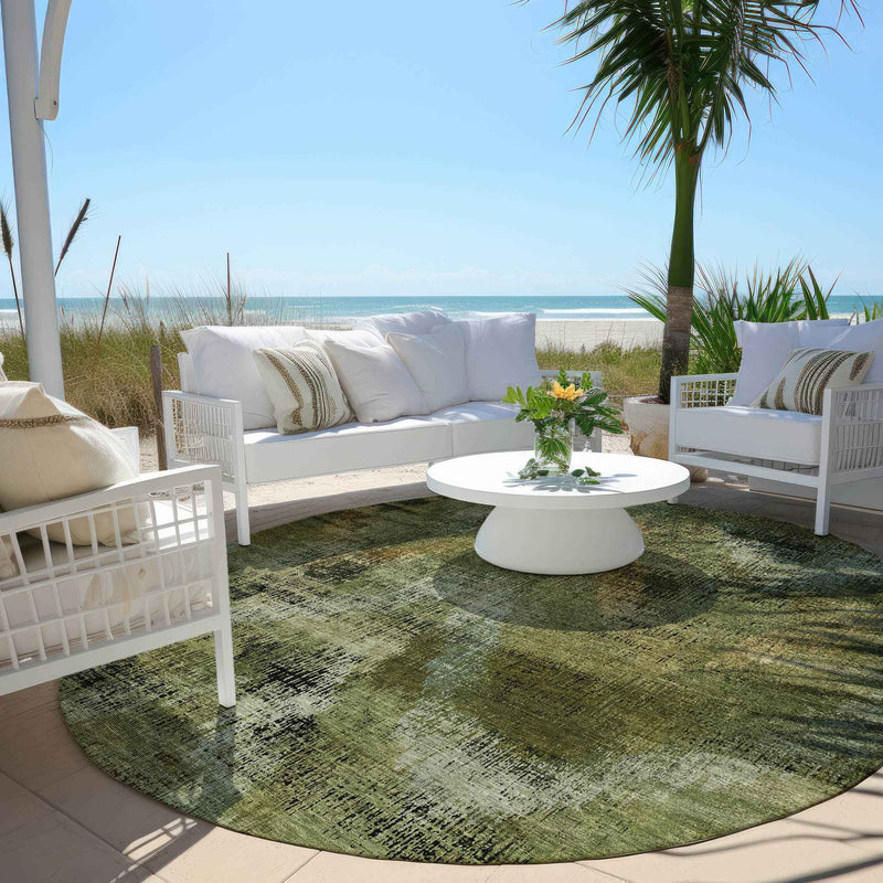 8' Olive Green And Gold Round Abstract Washable Indoor Outdoor Area Rug