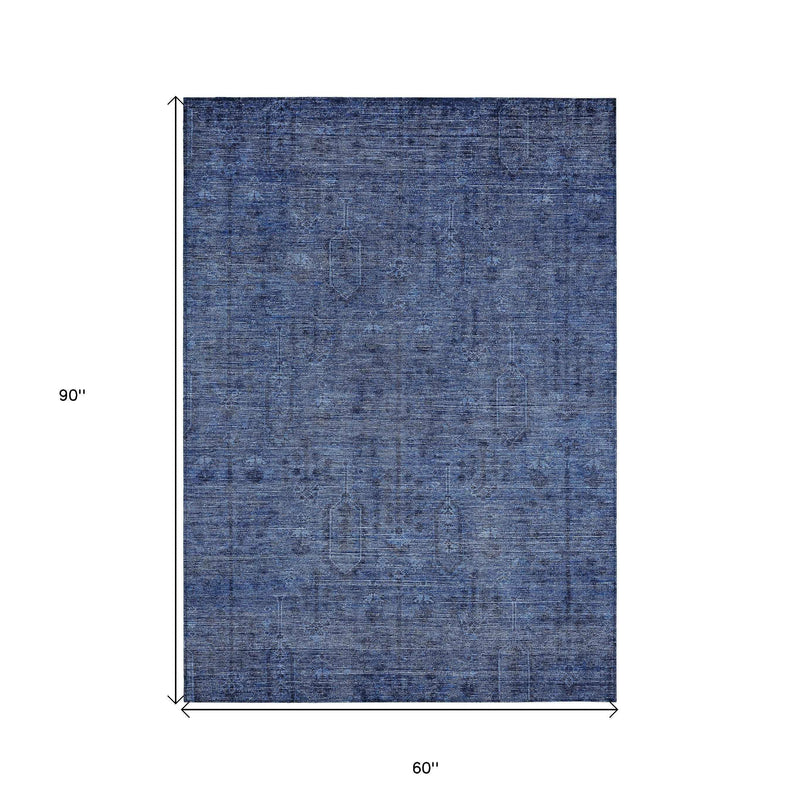 5' X 8' Navy Blue And Blue Southwestern Washable Indoor Outdoor Area Rug