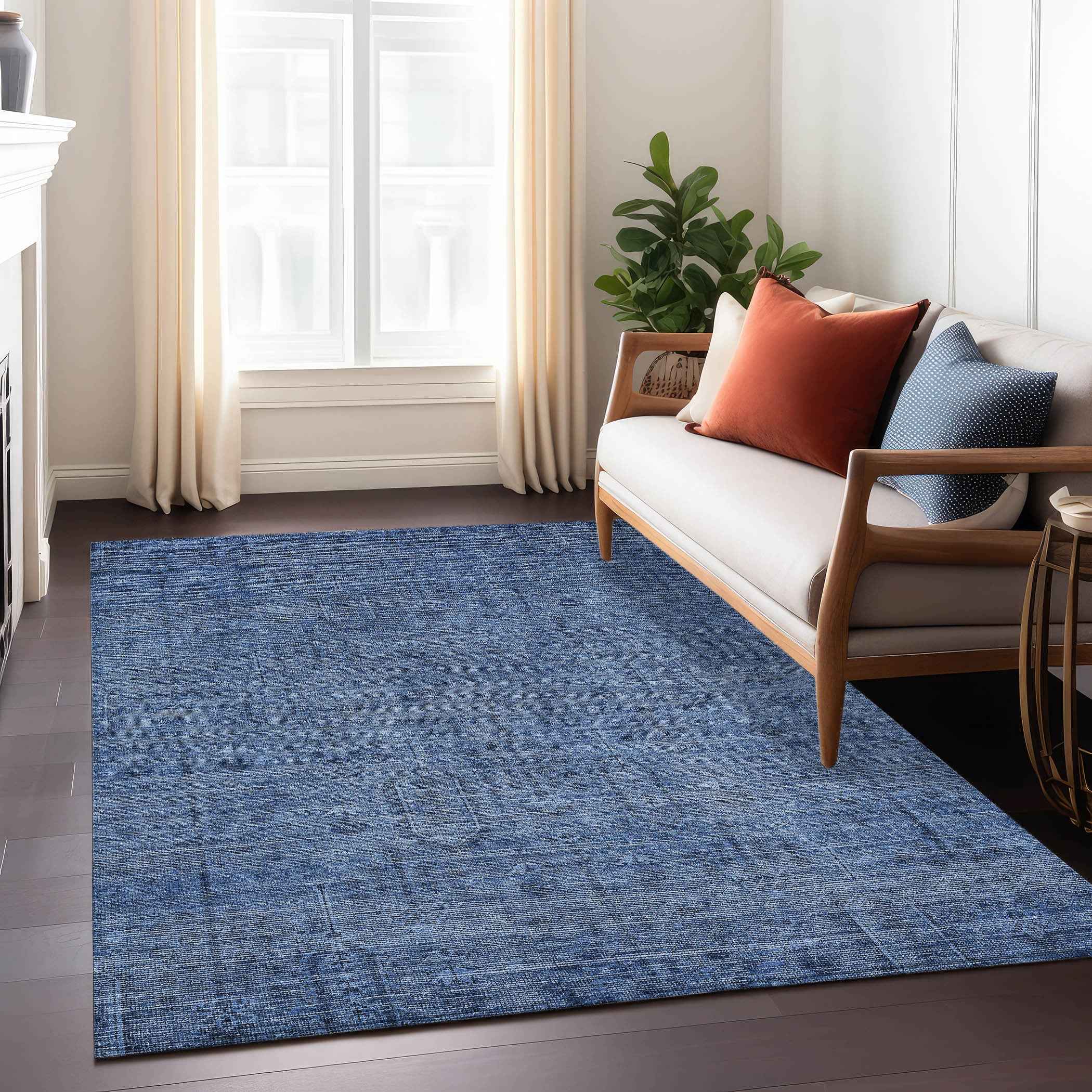 5' X 8' Navy Blue And Blue Southwestern Washable Indoor Outdoor Area Rug