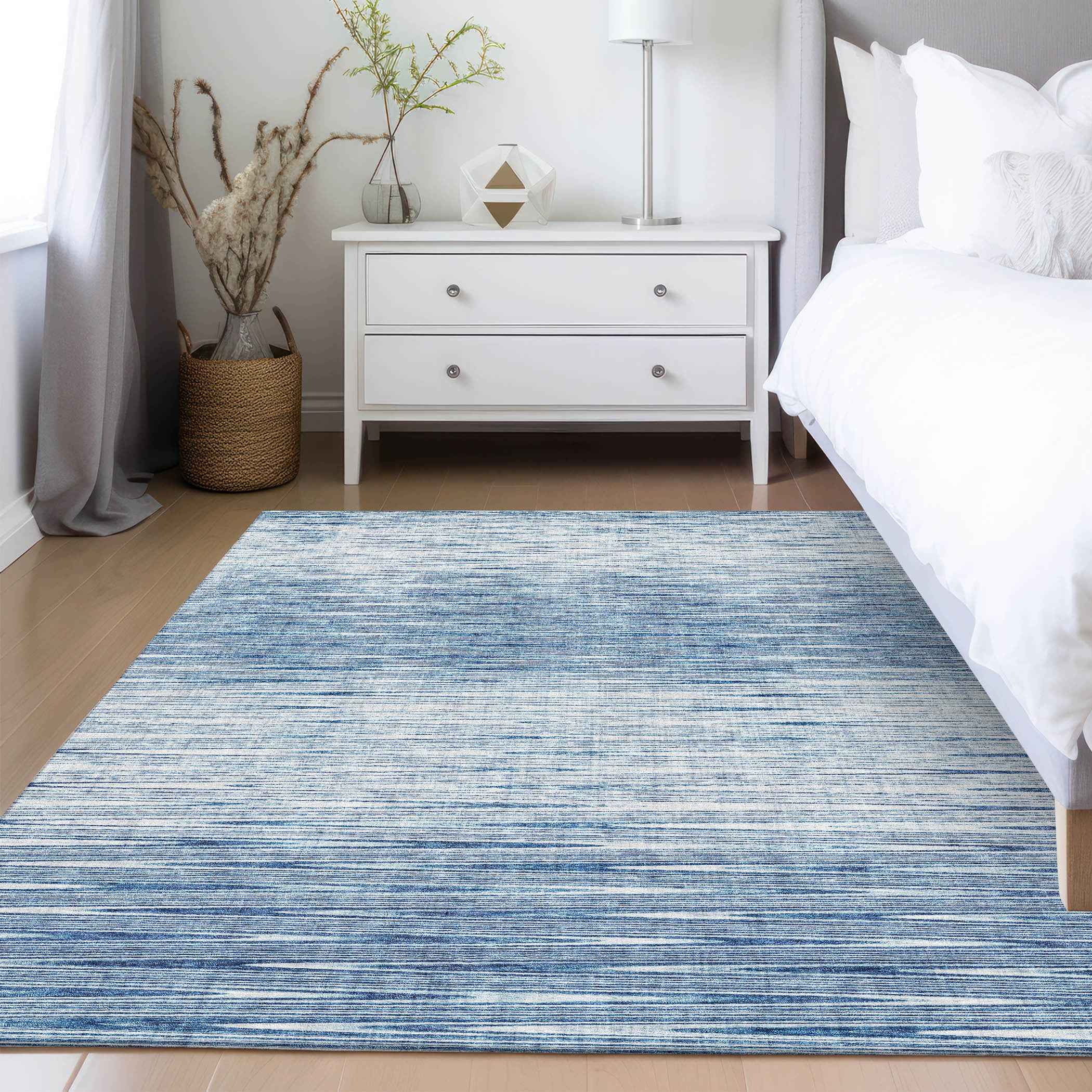 5' X 8' Navy Blue And Sky Blue Abstract Washable Indoor Outdoor Area Rug