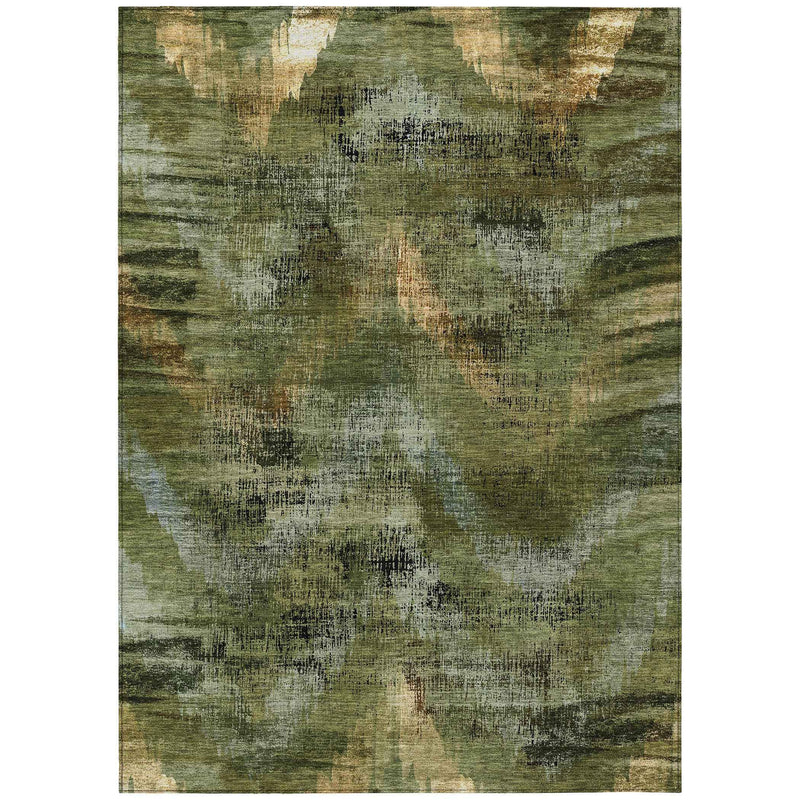 3' X 5' Olive Green And Gold Abstract Washable Indoor Outdoor Area Rug
