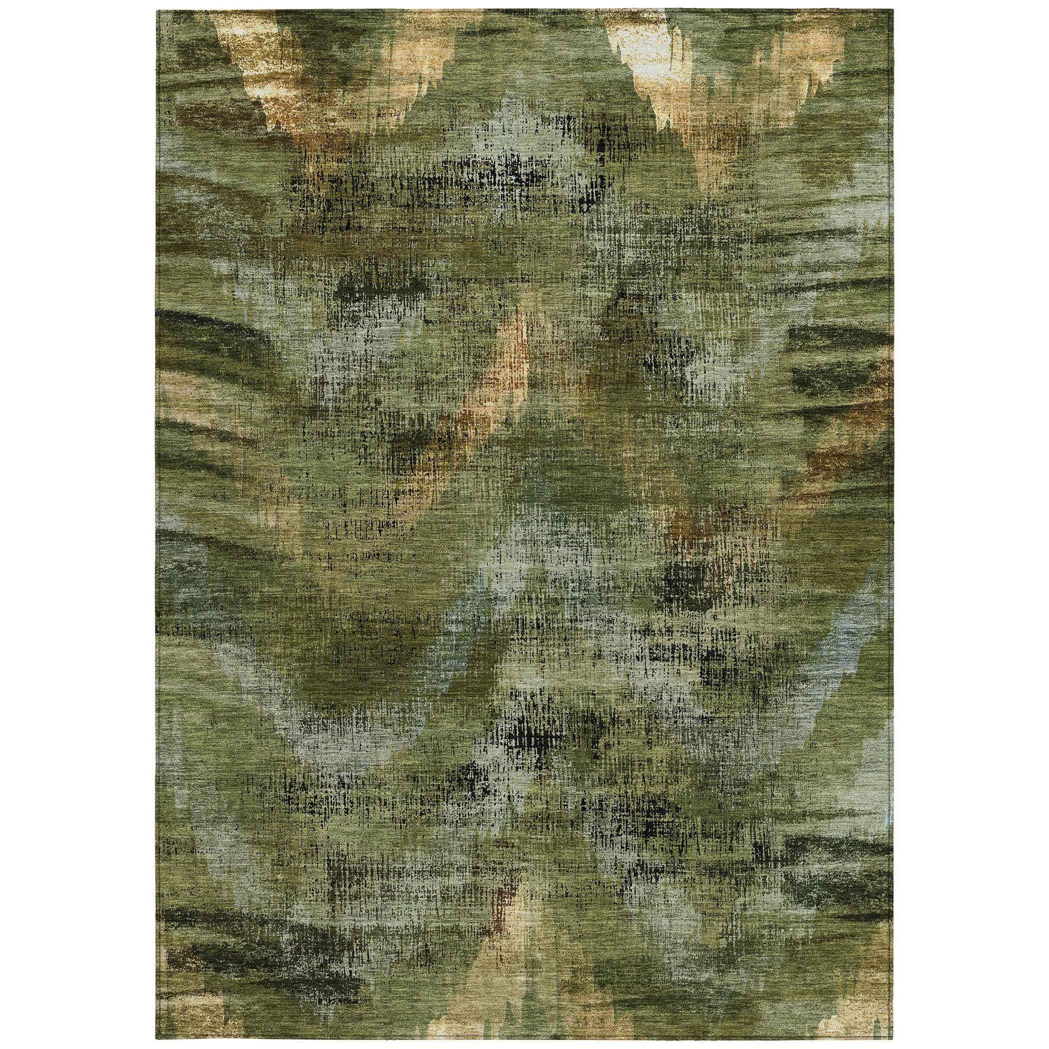 3' X 5' Olive Green And Gold Abstract Washable Indoor Outdoor Area Rug