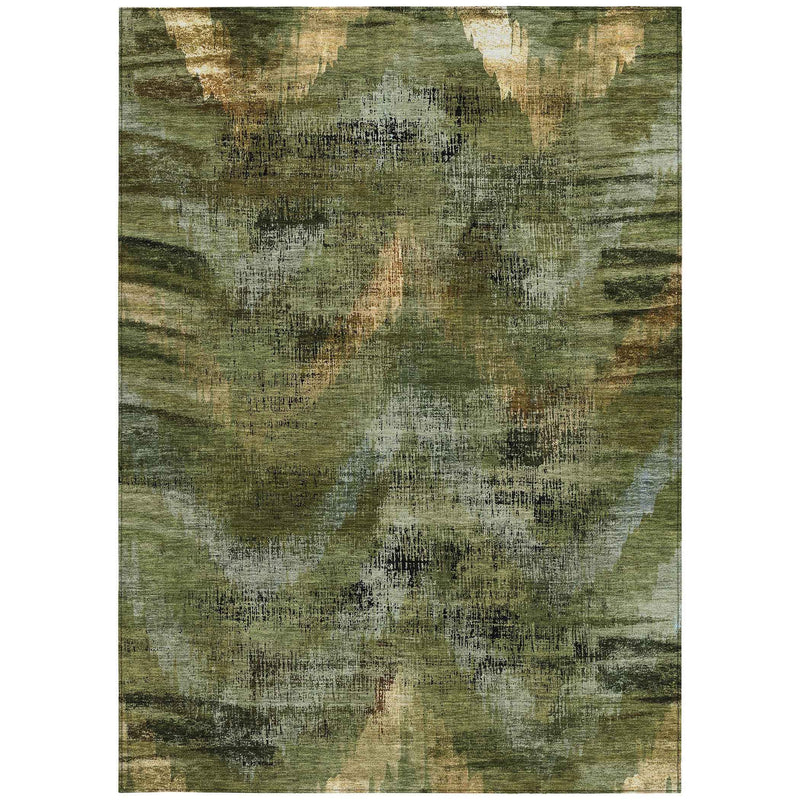 3' X 5' Olive Green And Gold Abstract Washable Indoor Outdoor Area Rug