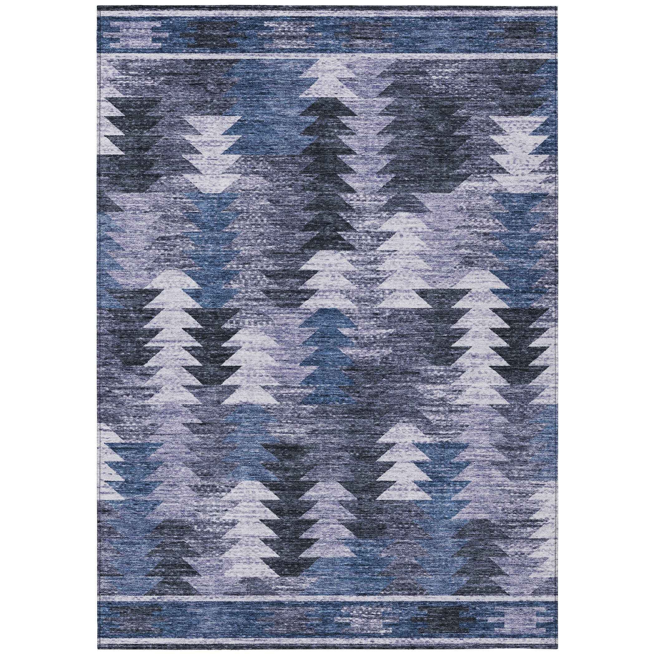 9' X 12' Navy Blue And Sky Blue Southwestern Washable Indoor Outdoor Area Rug