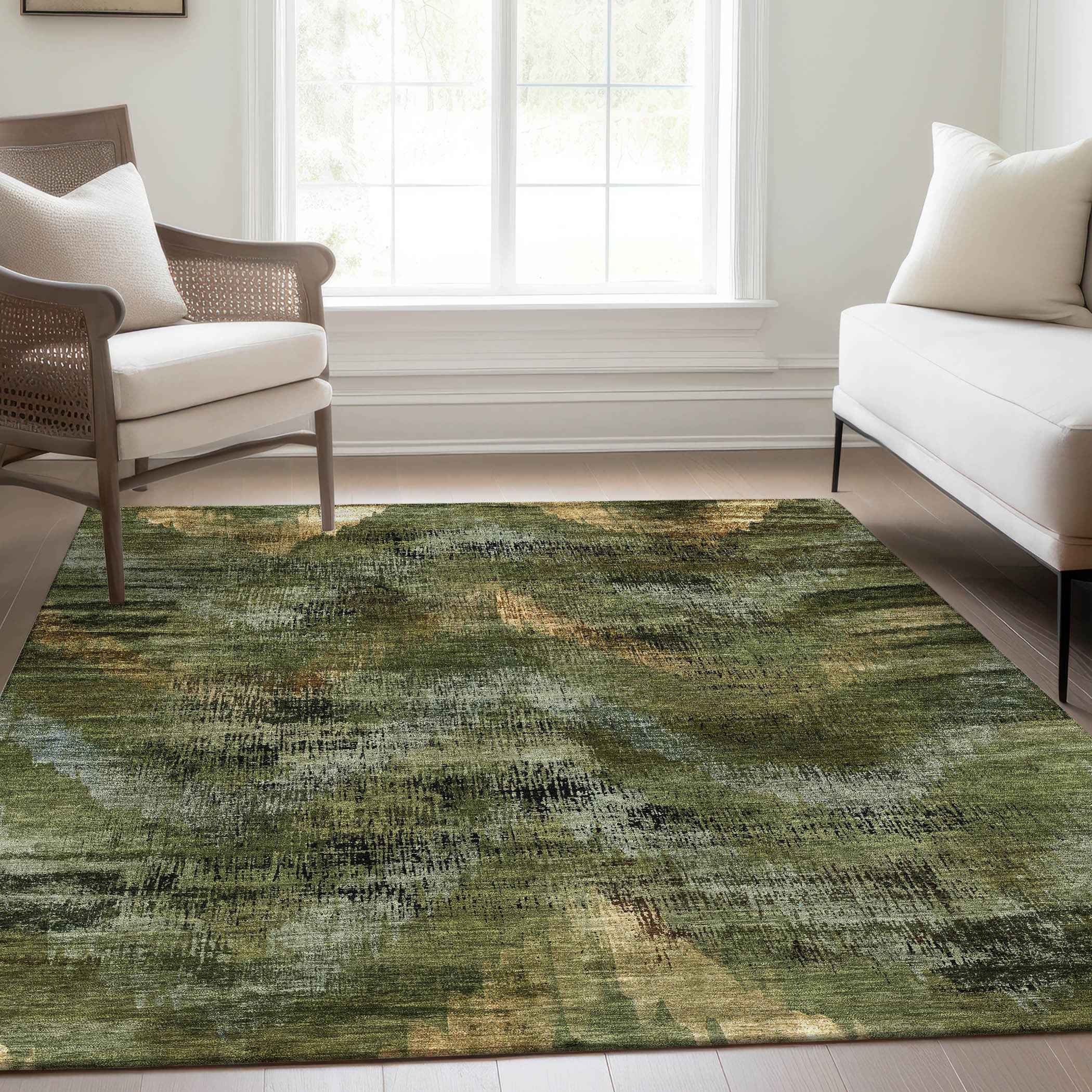 3' X 5' Olive Green And Gold Abstract Washable Indoor Outdoor Area Rug