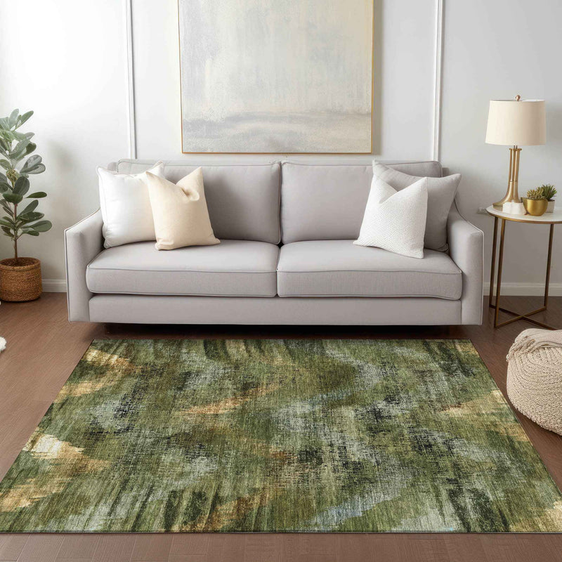 3' X 5' Olive Green And Gold Abstract Washable Indoor Outdoor Area Rug