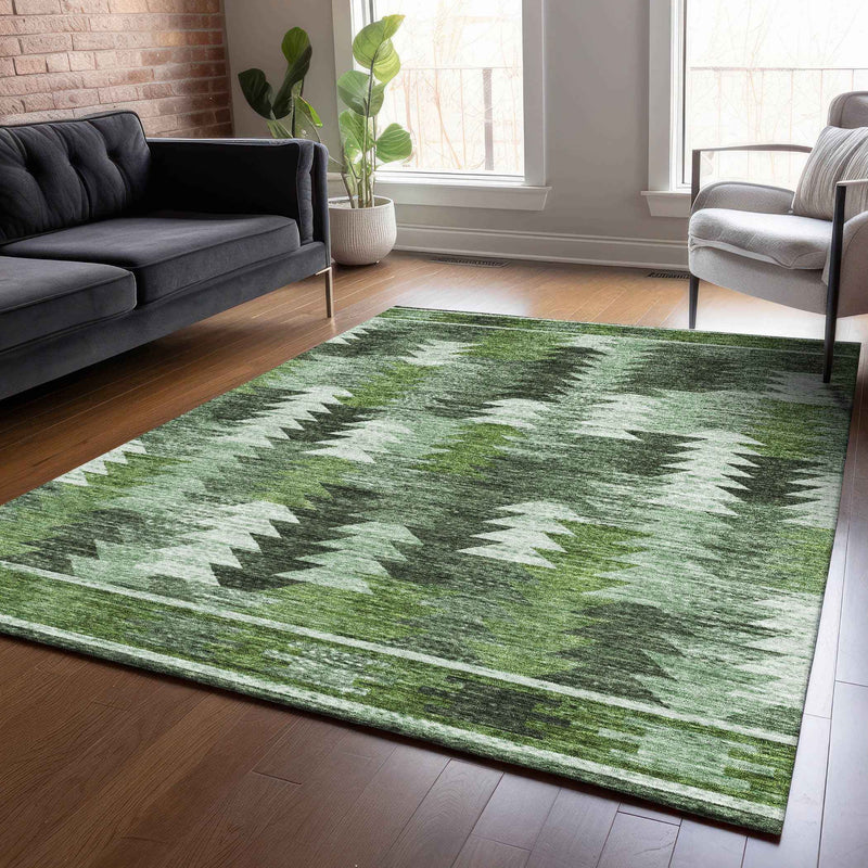 9' X 12' Olive Green And Fern Green Southwestern Washable Indoor Outdoor Area Rug