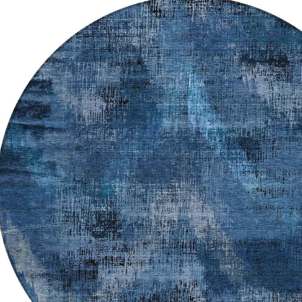 8' Navy Blue And Sky Blue Round Abstract Washable Indoor Outdoor Area Rug