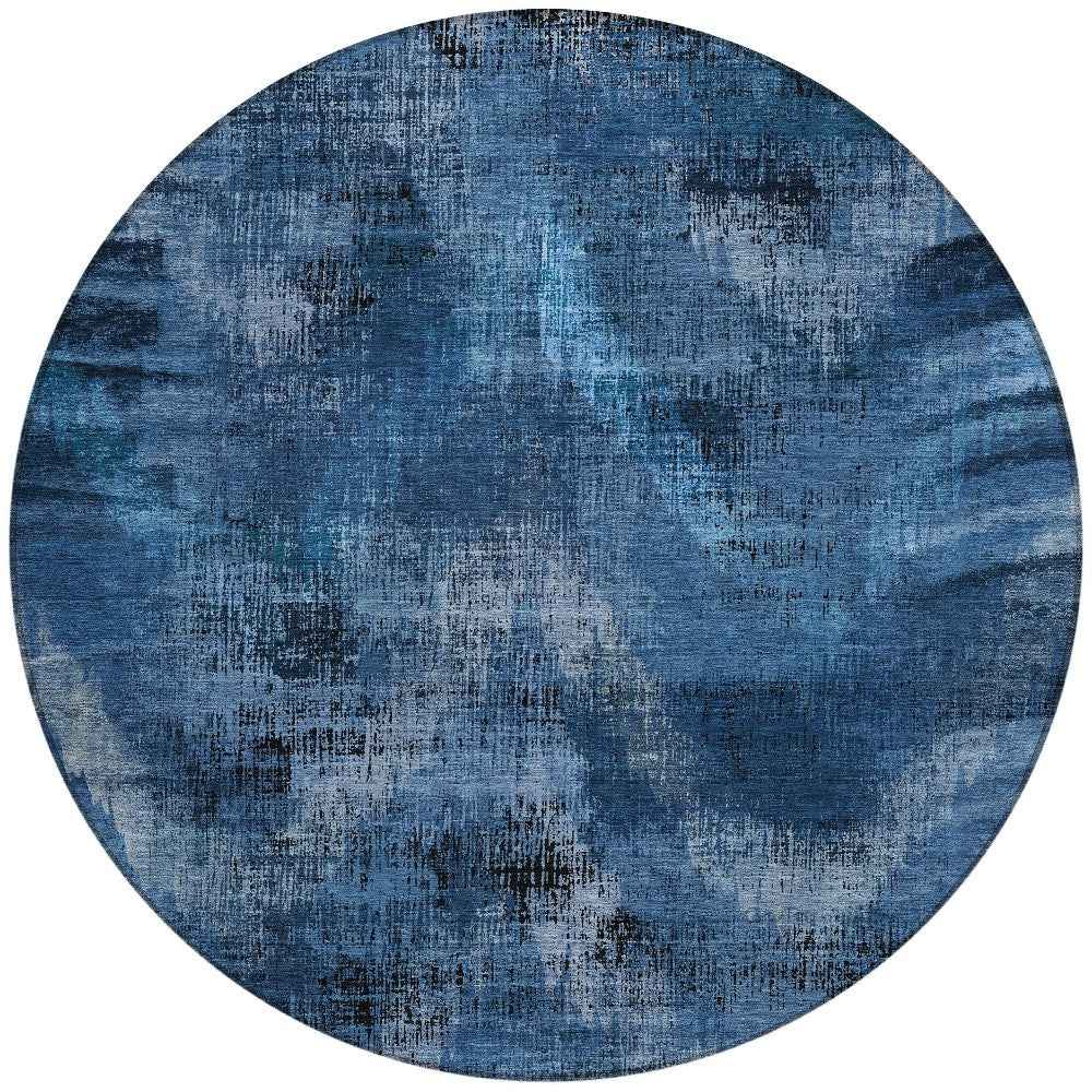 8' Navy Blue And Sky Blue Round Abstract Washable Indoor Outdoor Area Rug