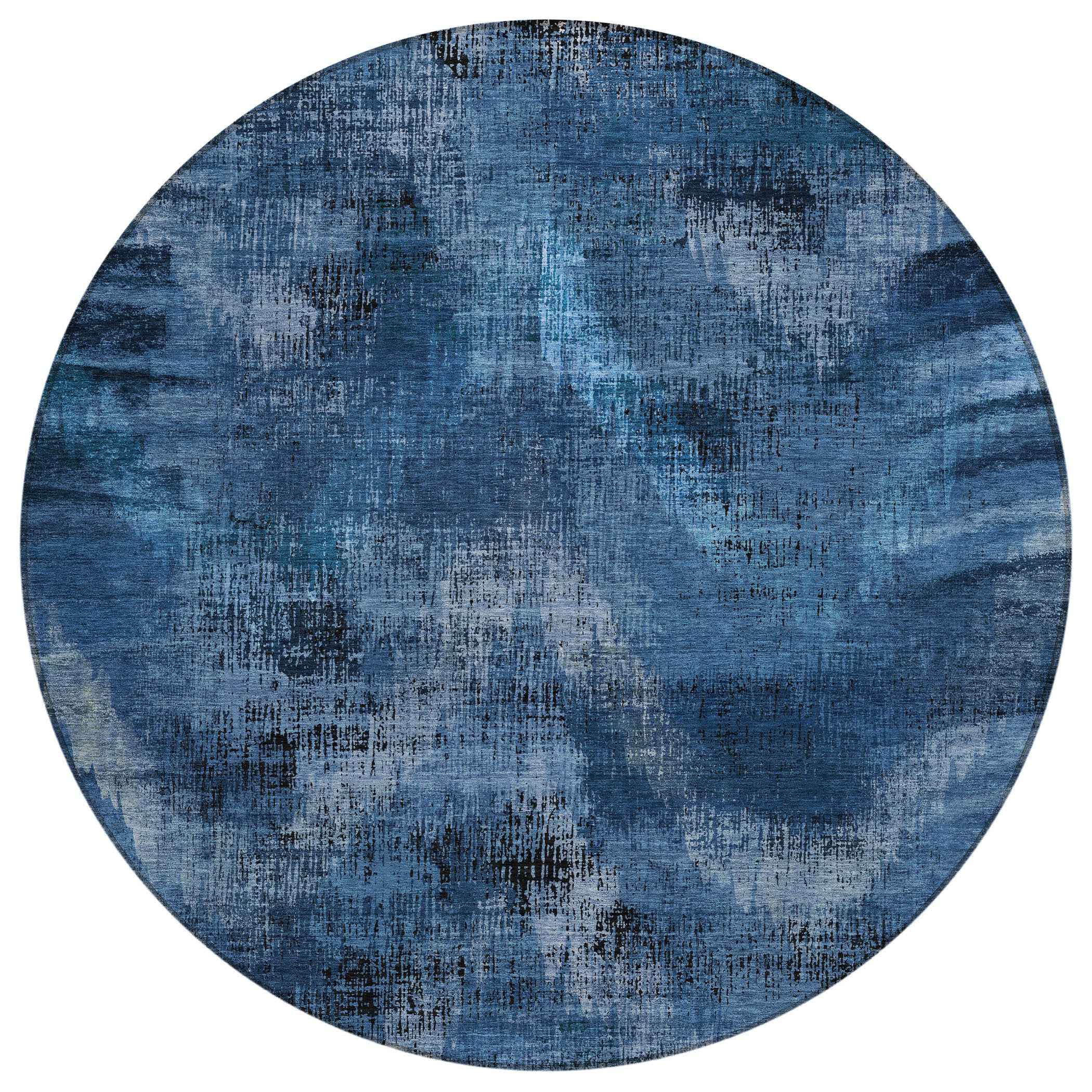 8' Navy Blue And Sky Blue Round Abstract Washable Indoor Outdoor Area Rug