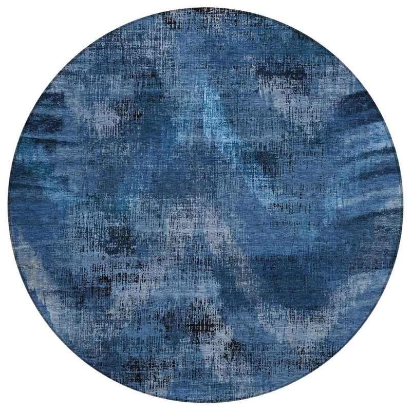 8' Navy Blue And Sky Blue Round Abstract Washable Indoor Outdoor Area Rug
