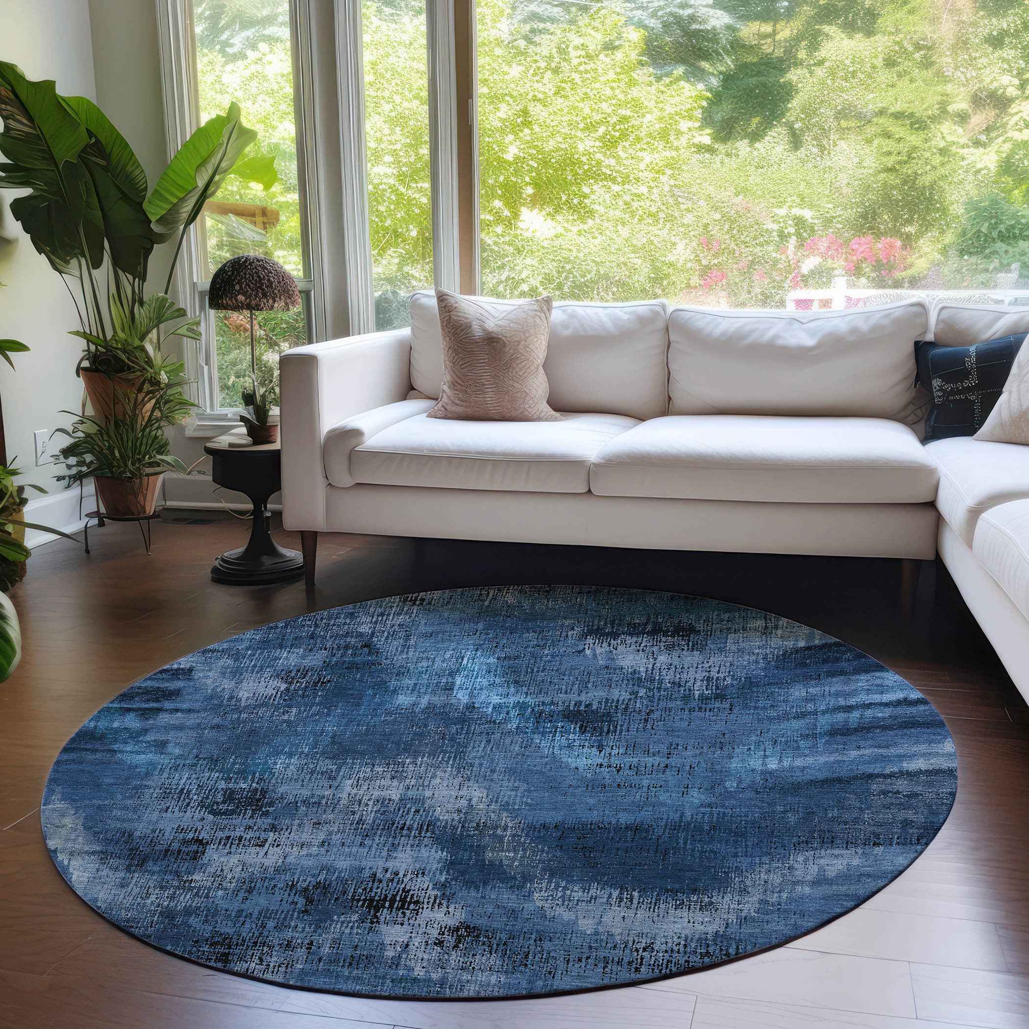 8' Navy Blue And Sky Blue Round Abstract Washable Indoor Outdoor Area Rug