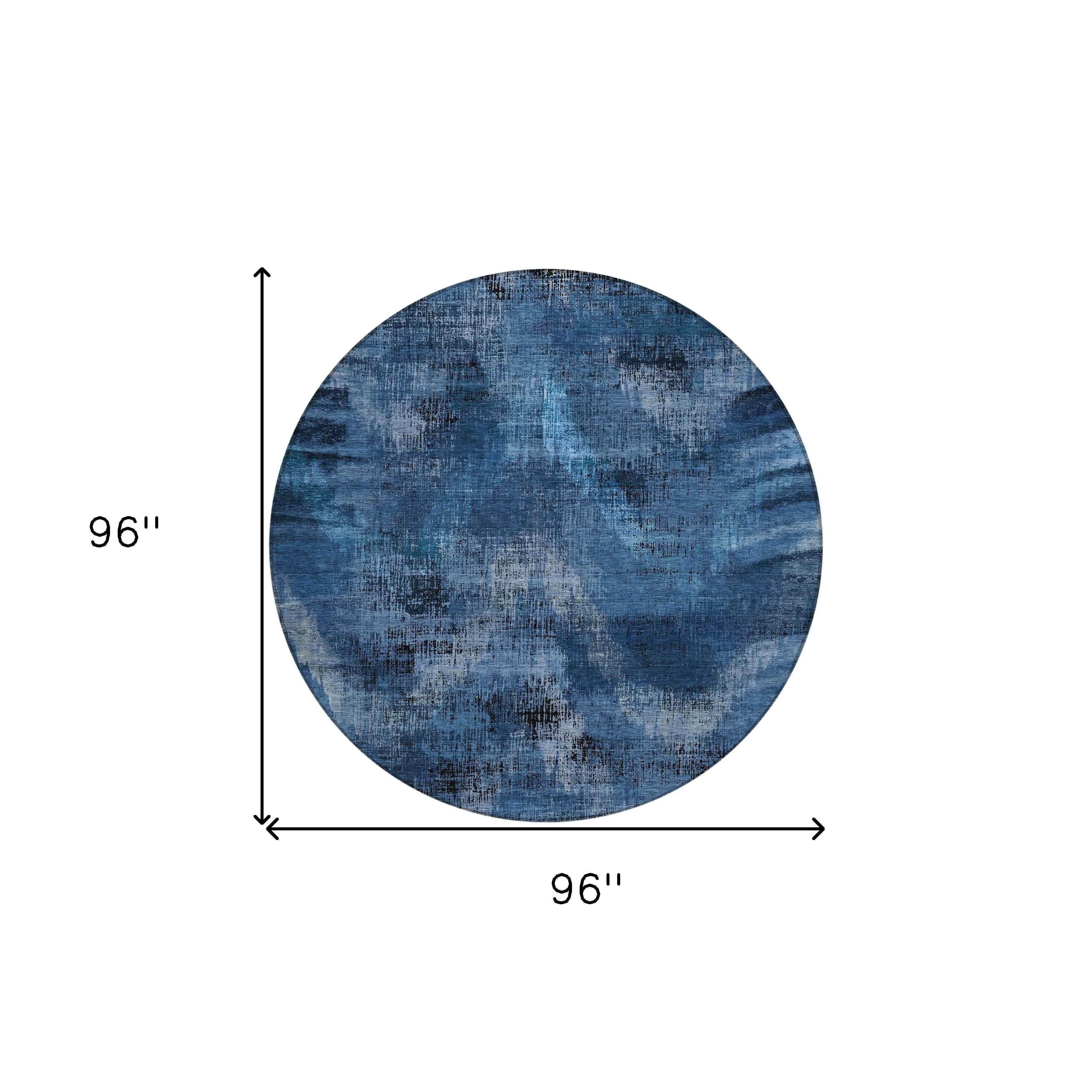 8' Navy Blue And Sky Blue Round Abstract Washable Indoor Outdoor Area Rug