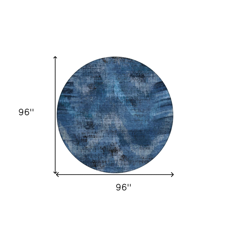 8' Navy Blue And Sky Blue Round Abstract Washable Indoor Outdoor Area Rug