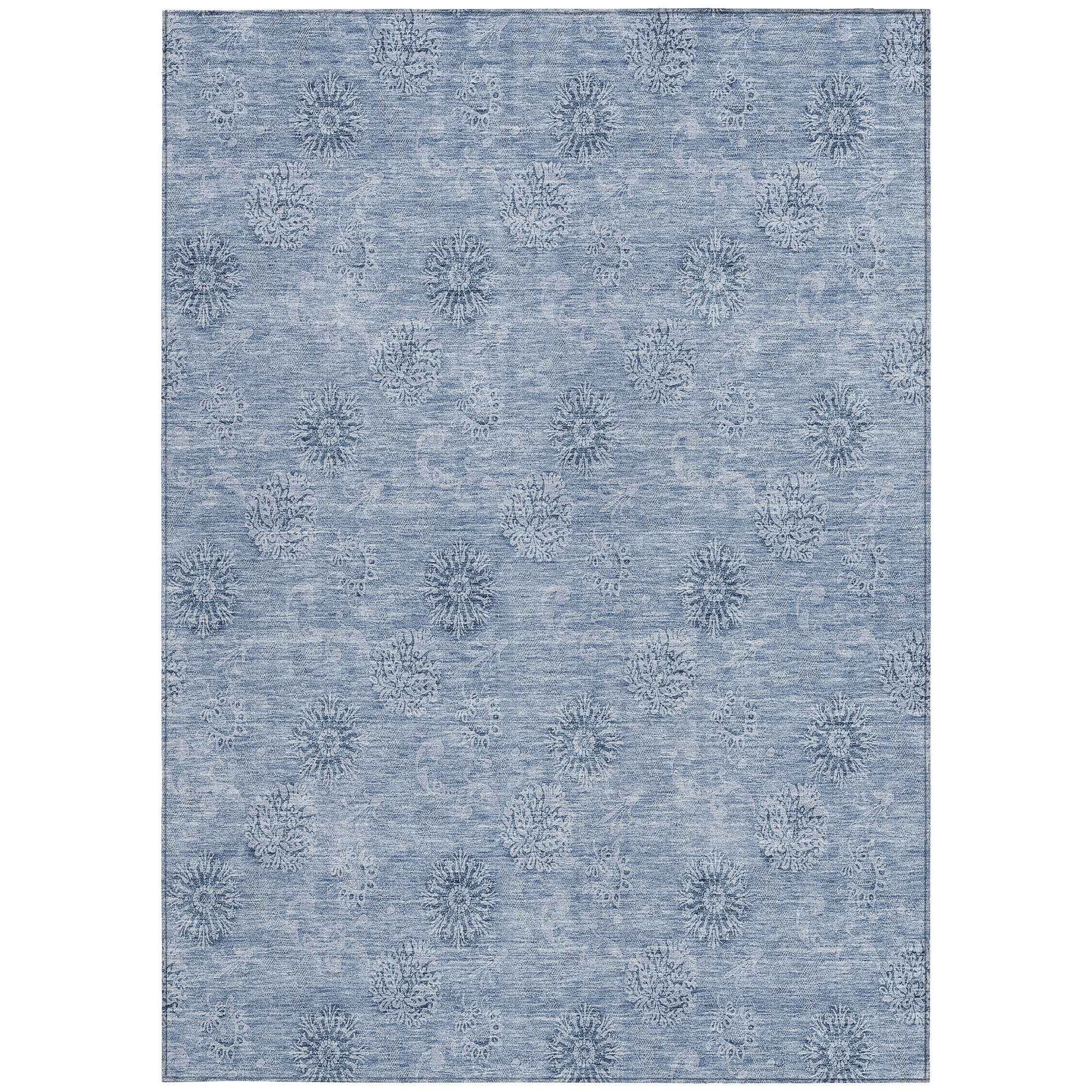 10' X 14' Sky Blue And Blue Floral Washable Indoor Outdoor Area Rug