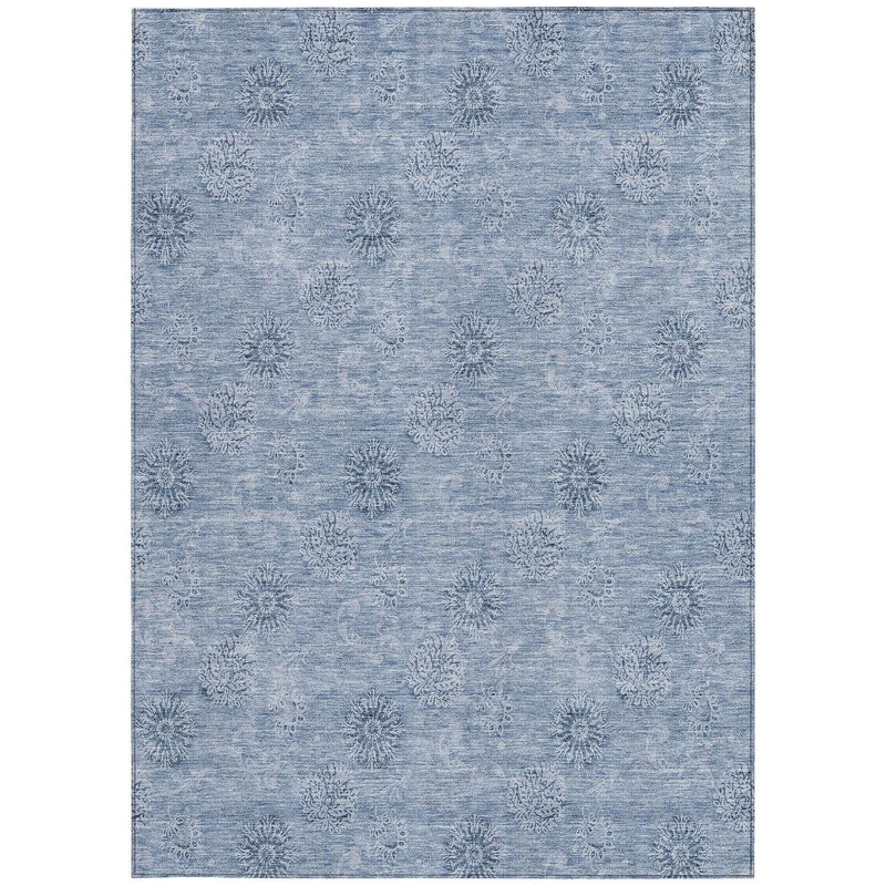 10' X 14' Sky Blue And Blue Floral Washable Indoor Outdoor Area Rug