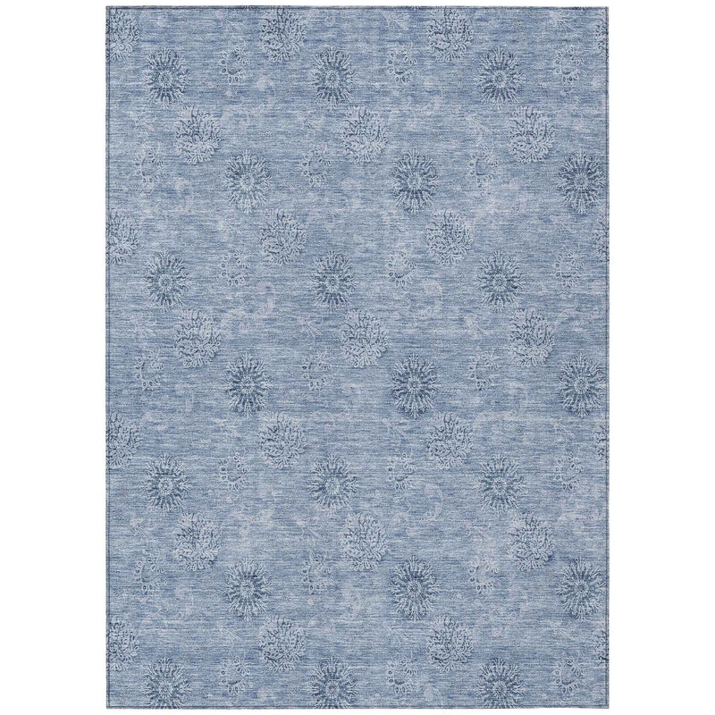 10' X 14' Sky Blue And Blue Floral Washable Indoor Outdoor Area Rug