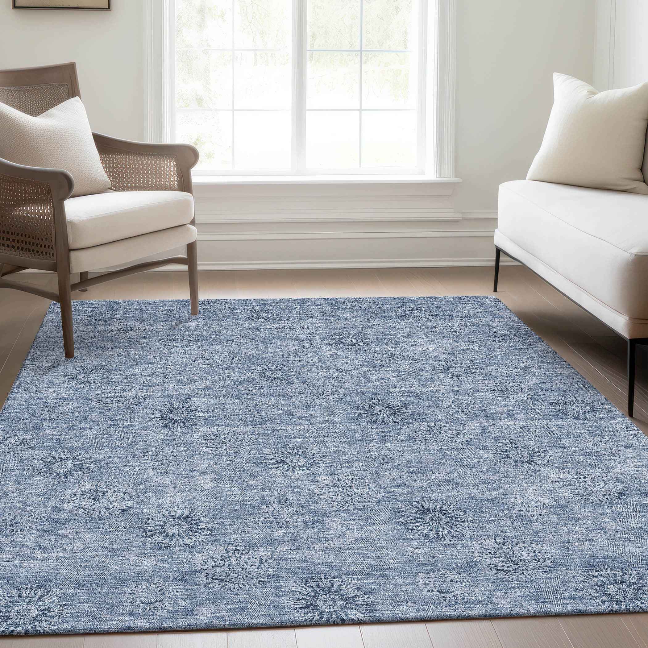 10' X 14' Sky Blue And Blue Floral Washable Indoor Outdoor Area Rug