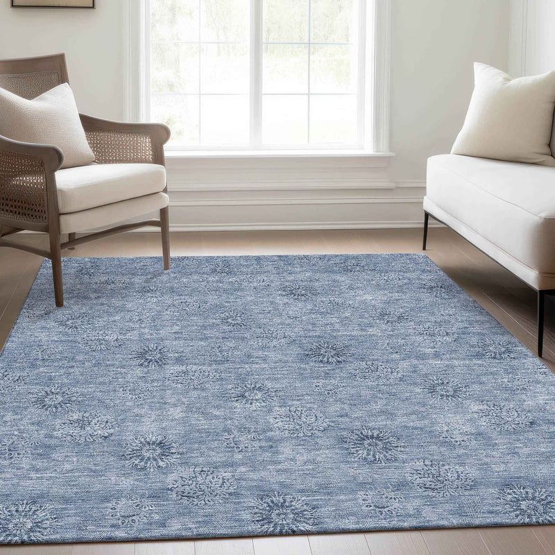10' X 14' Sky Blue And Blue Floral Washable Indoor Outdoor Area Rug