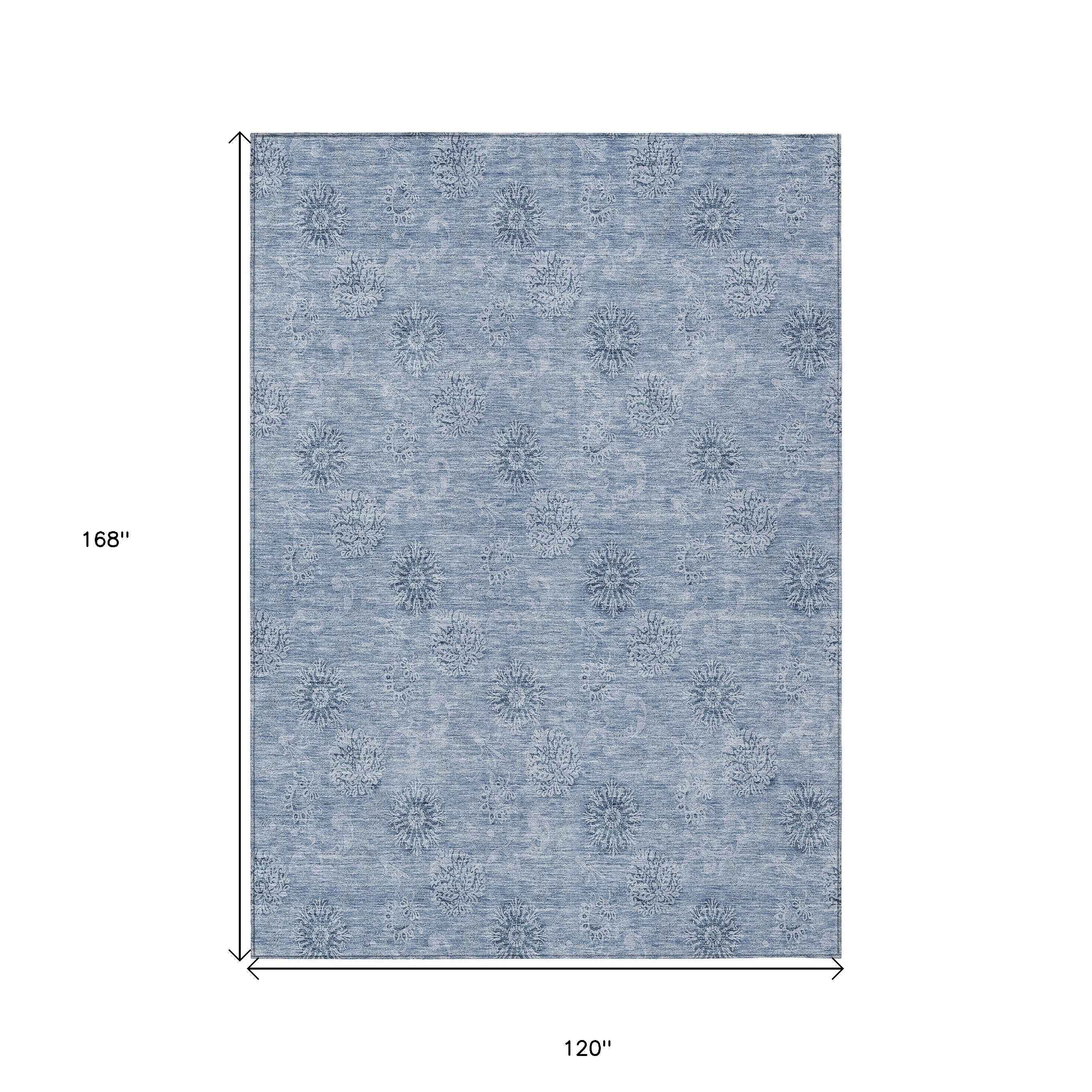 10' X 14' Sky Blue And Blue Floral Washable Indoor Outdoor Area Rug