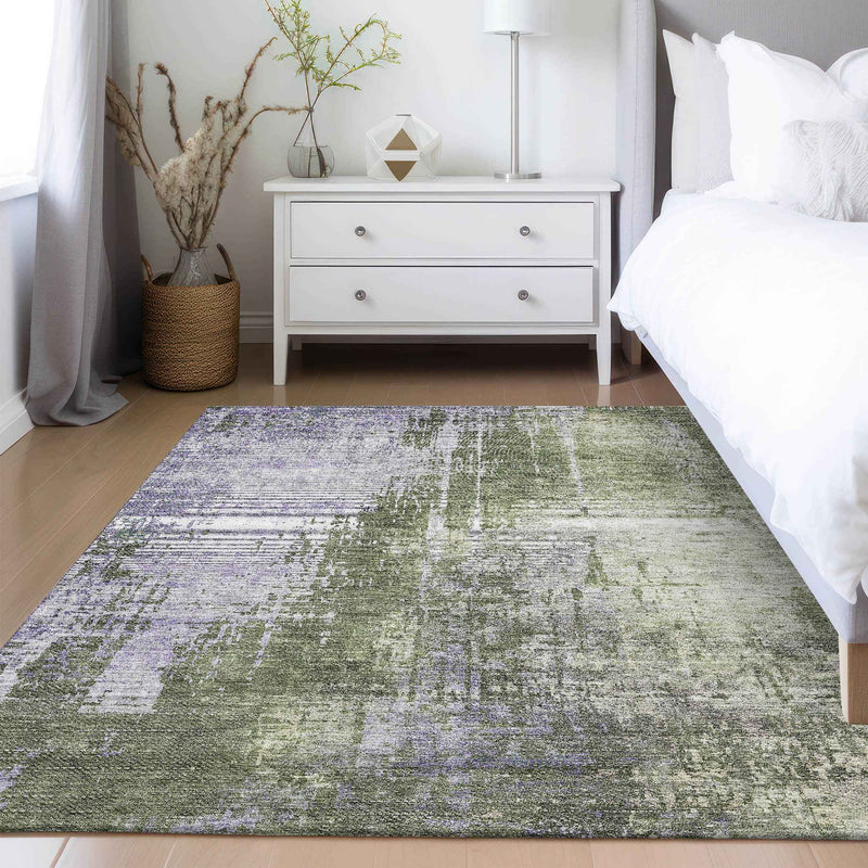 9' X 12' Olive Green And Purple Abstract Washable Indoor Outdoor Area Rug