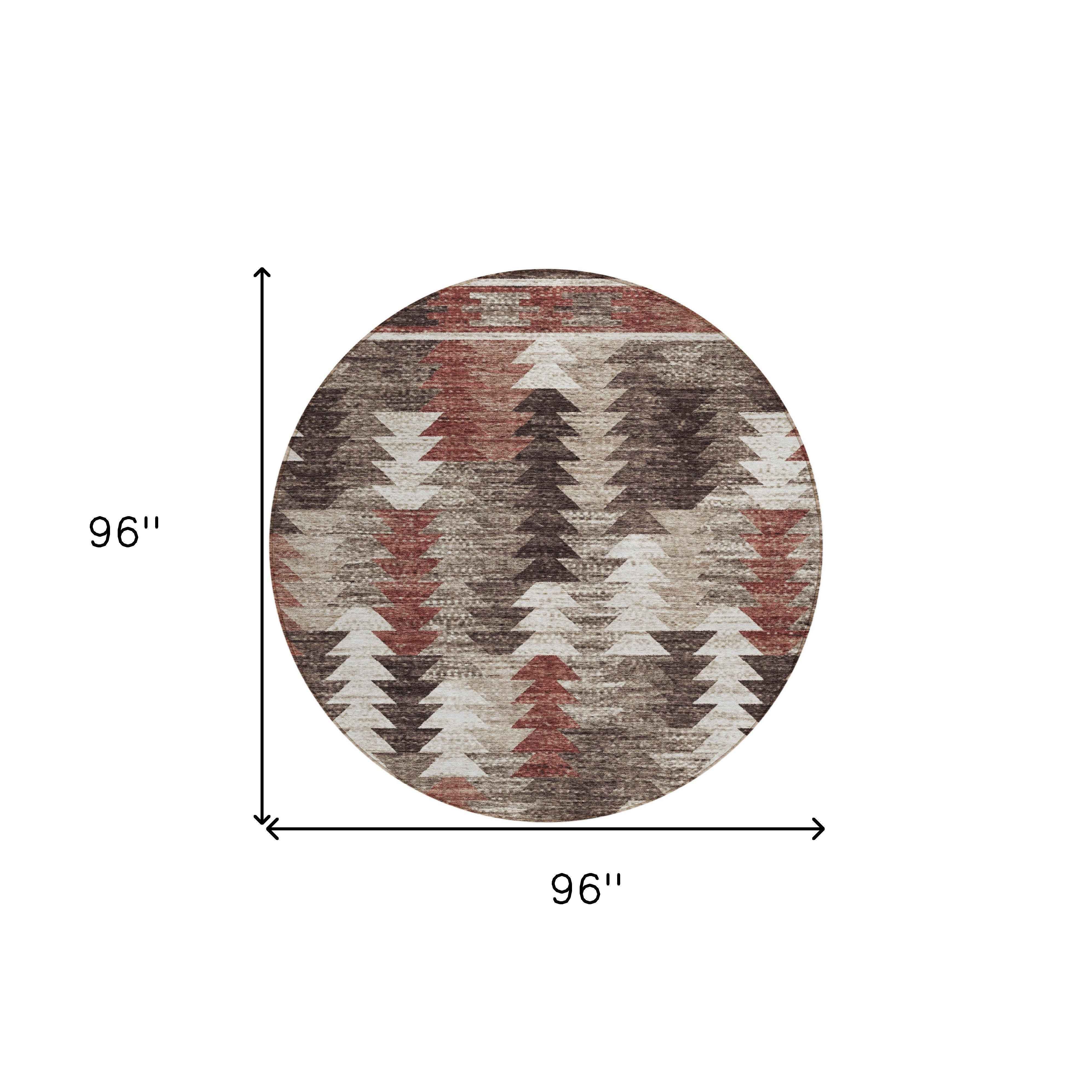 8' Brown And Ivory Round Southwestern Washable Indoor Outdoor Area Rug