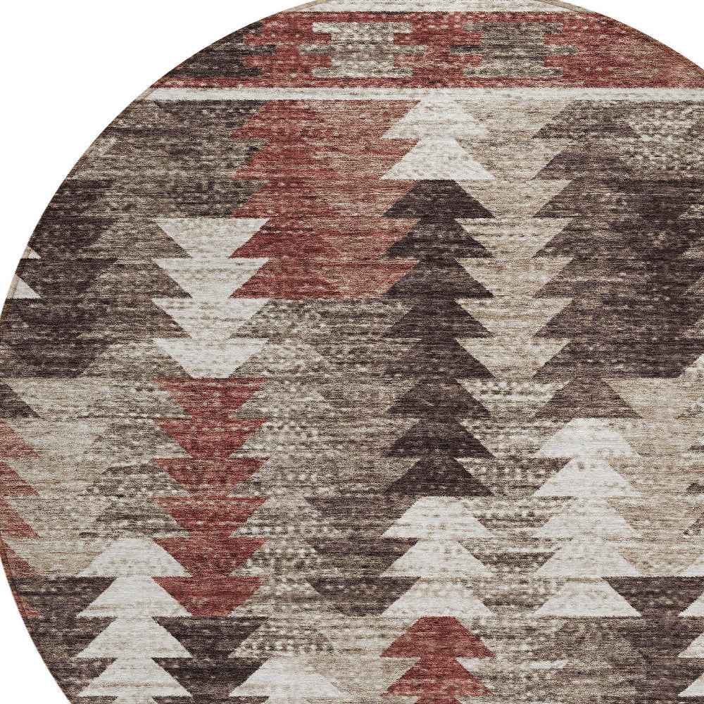 8' Brown And Ivory Round Southwestern Washable Indoor Outdoor Area Rug