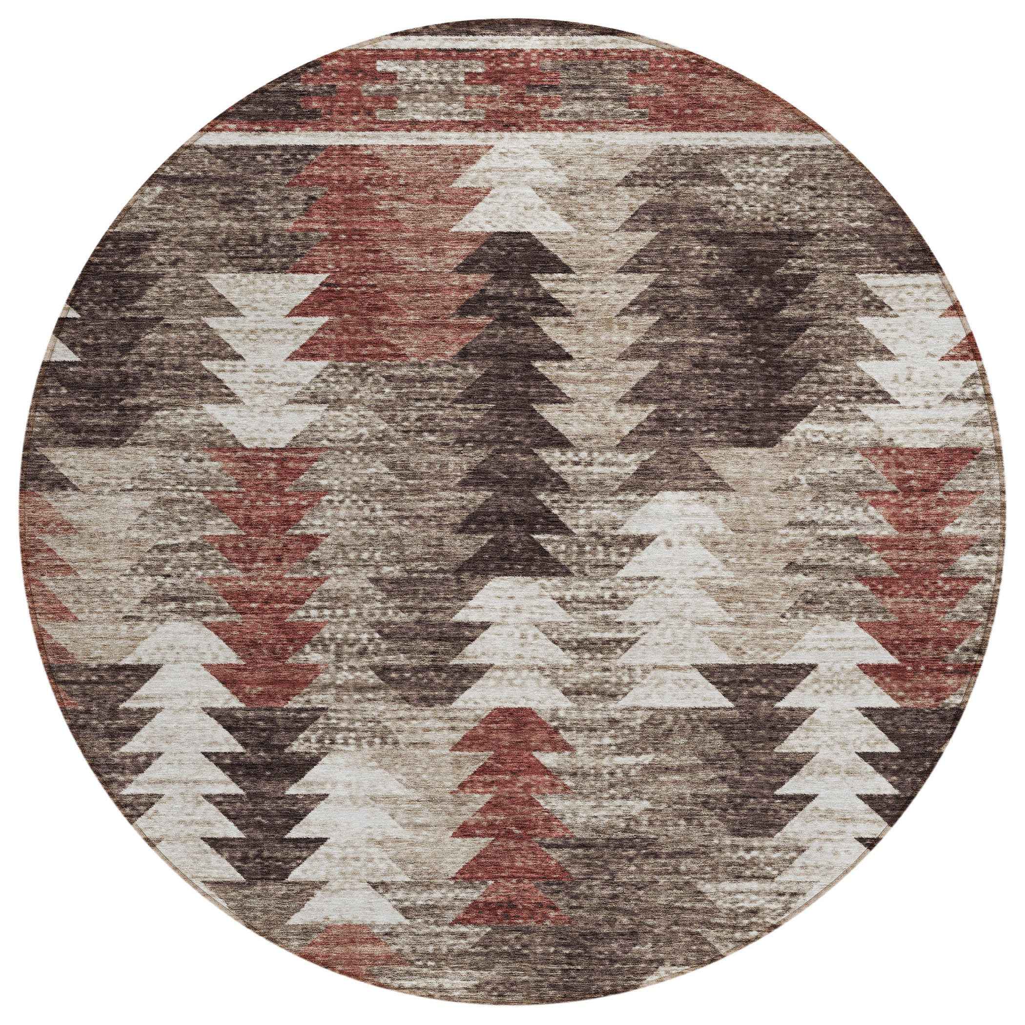 8' Brown And Ivory Round Southwestern Washable Indoor Outdoor Area Rug