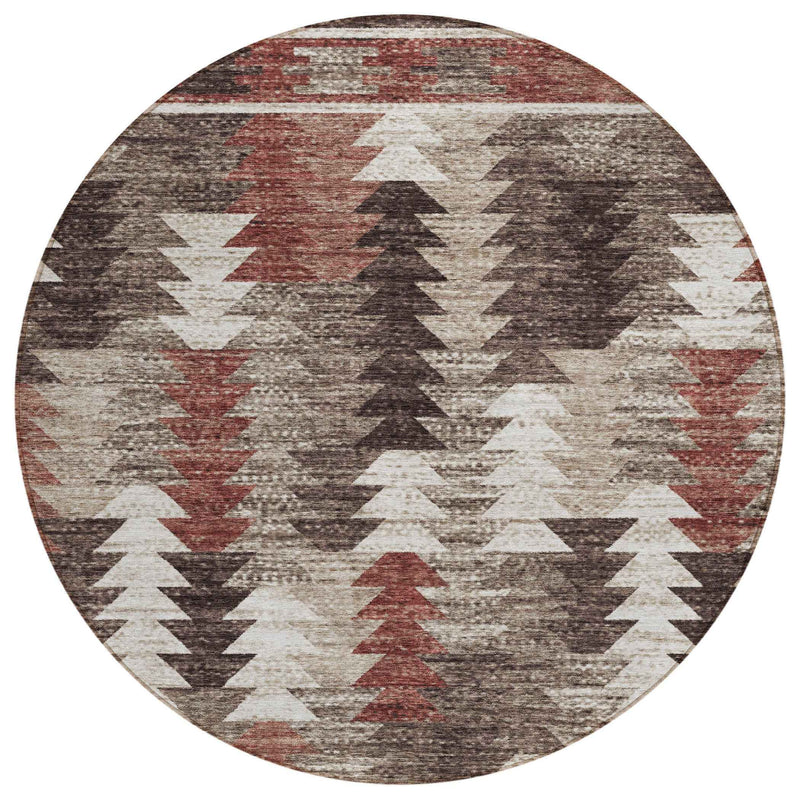 8' Brown And Ivory Round Southwestern Washable Indoor Outdoor Area Rug