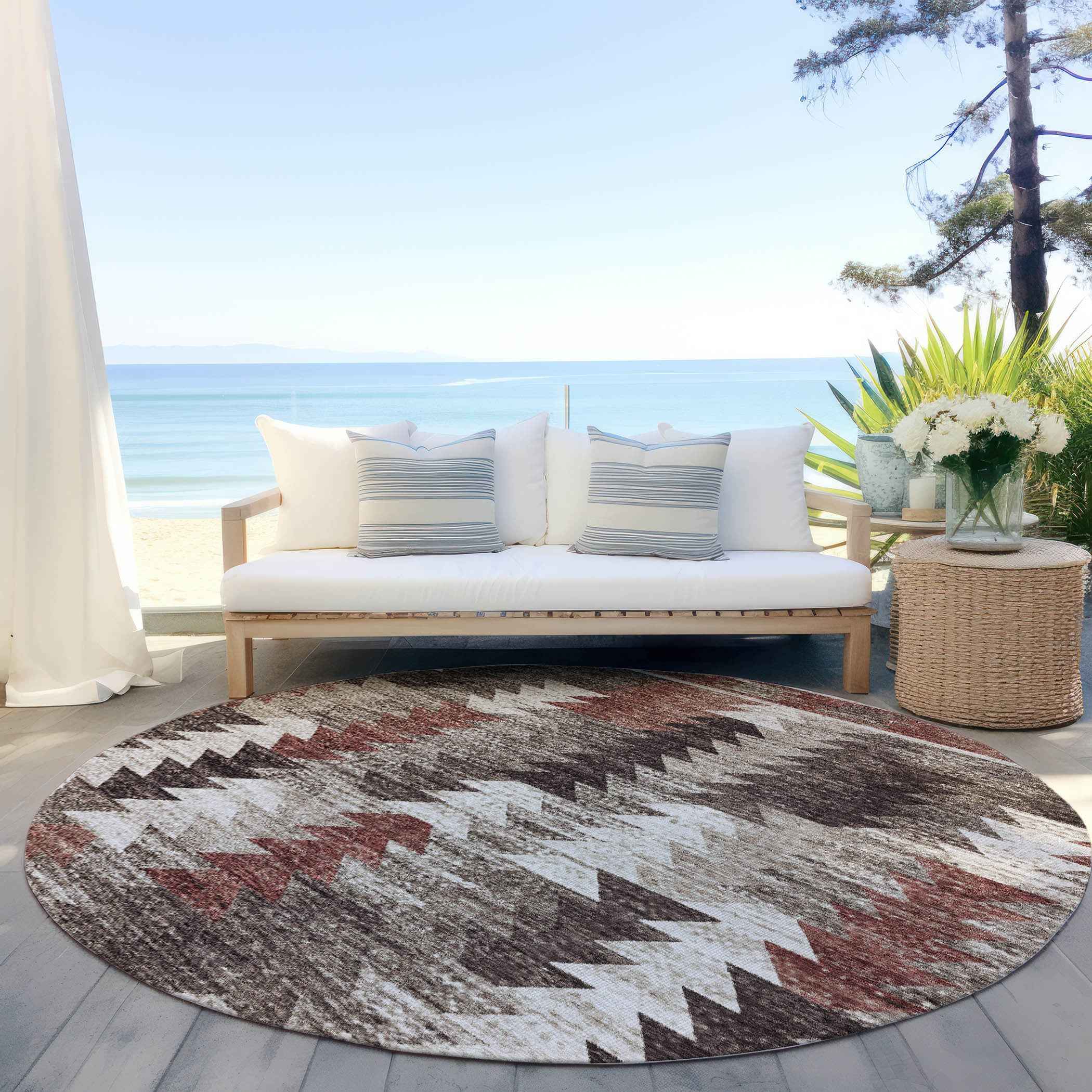 8' Brown And Ivory Round Southwestern Washable Indoor Outdoor Area Rug