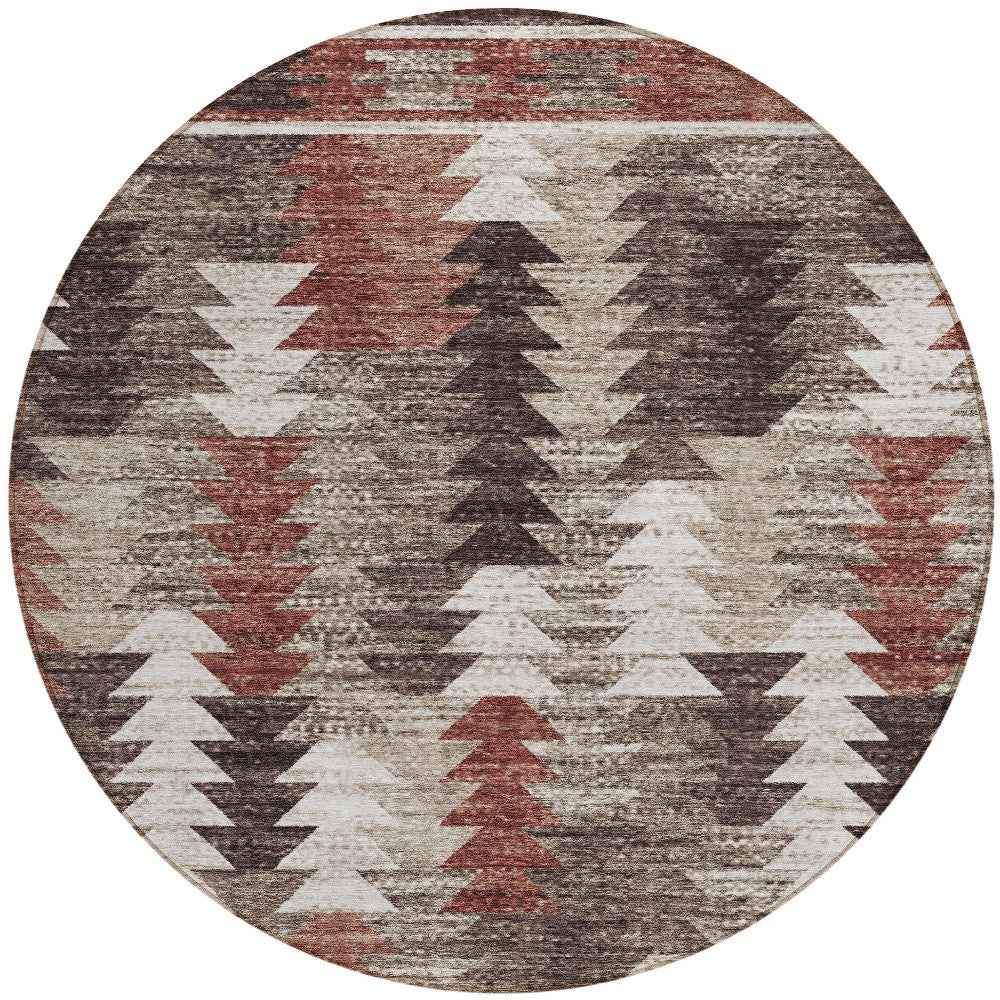 8' Brown And Ivory Round Southwestern Washable Indoor Outdoor Area Rug