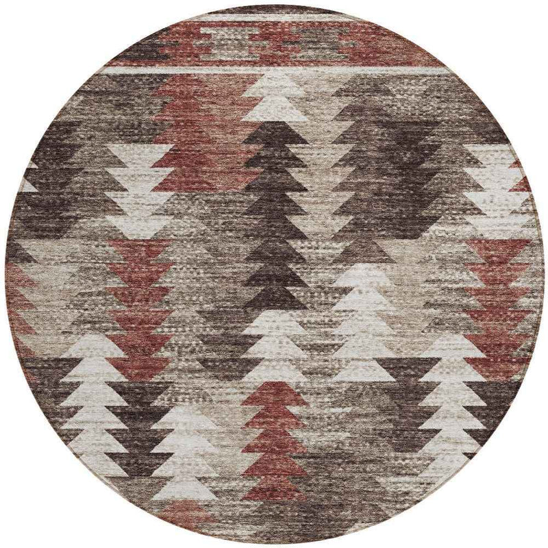 8' Brown And Ivory Round Southwestern Washable Indoor Outdoor Area Rug