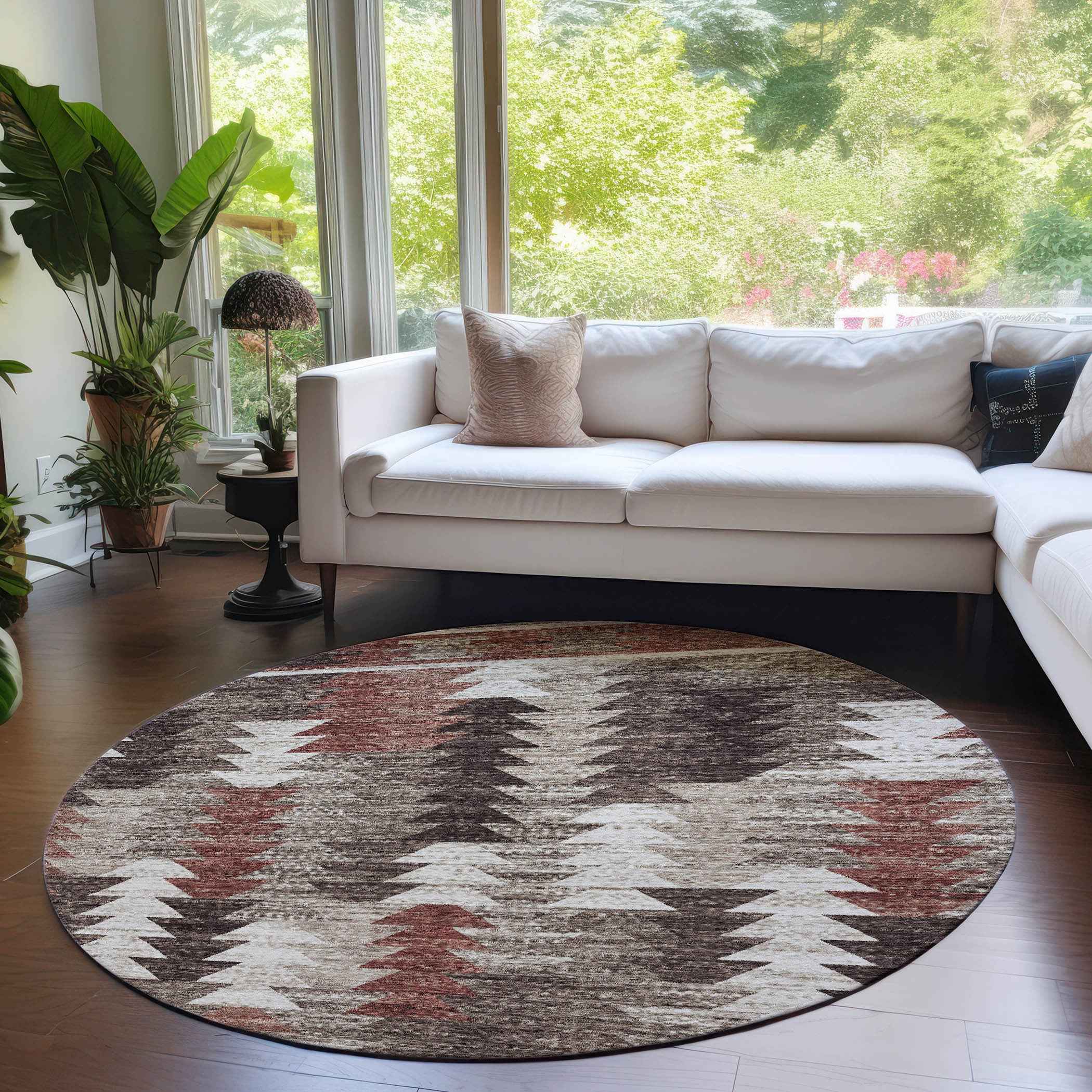 8' Brown And Ivory Round Southwestern Washable Indoor Outdoor Area Rug