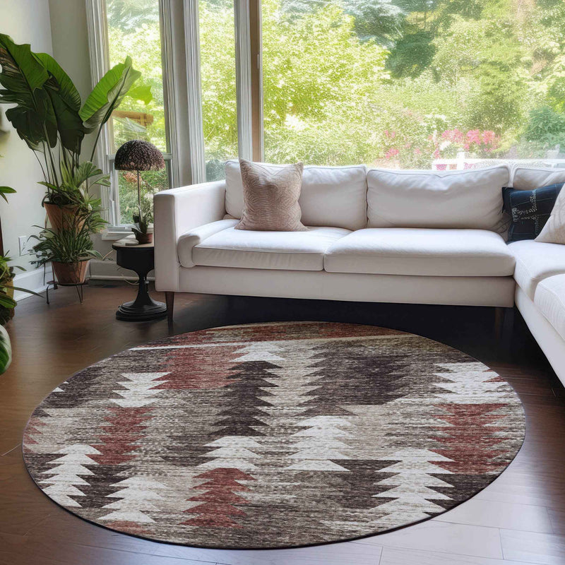 8' Brown And Ivory Round Southwestern Washable Indoor Outdoor Area Rug