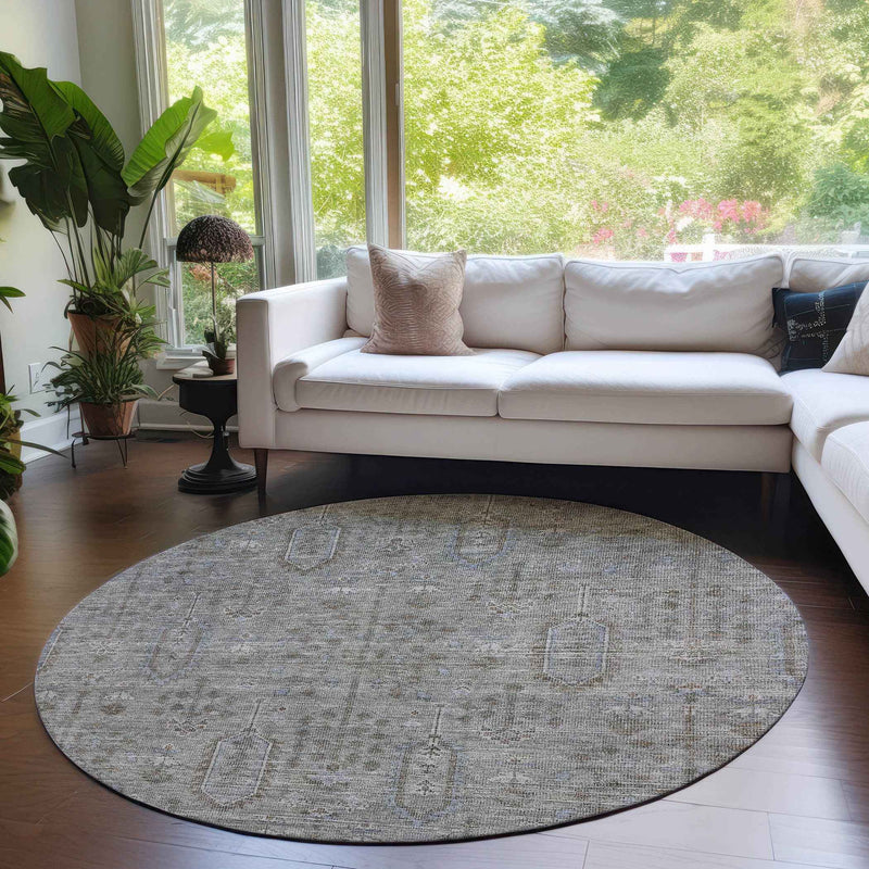 8' Gray And Silver Round Southwestern Washable Indoor Outdoor Area Rug
