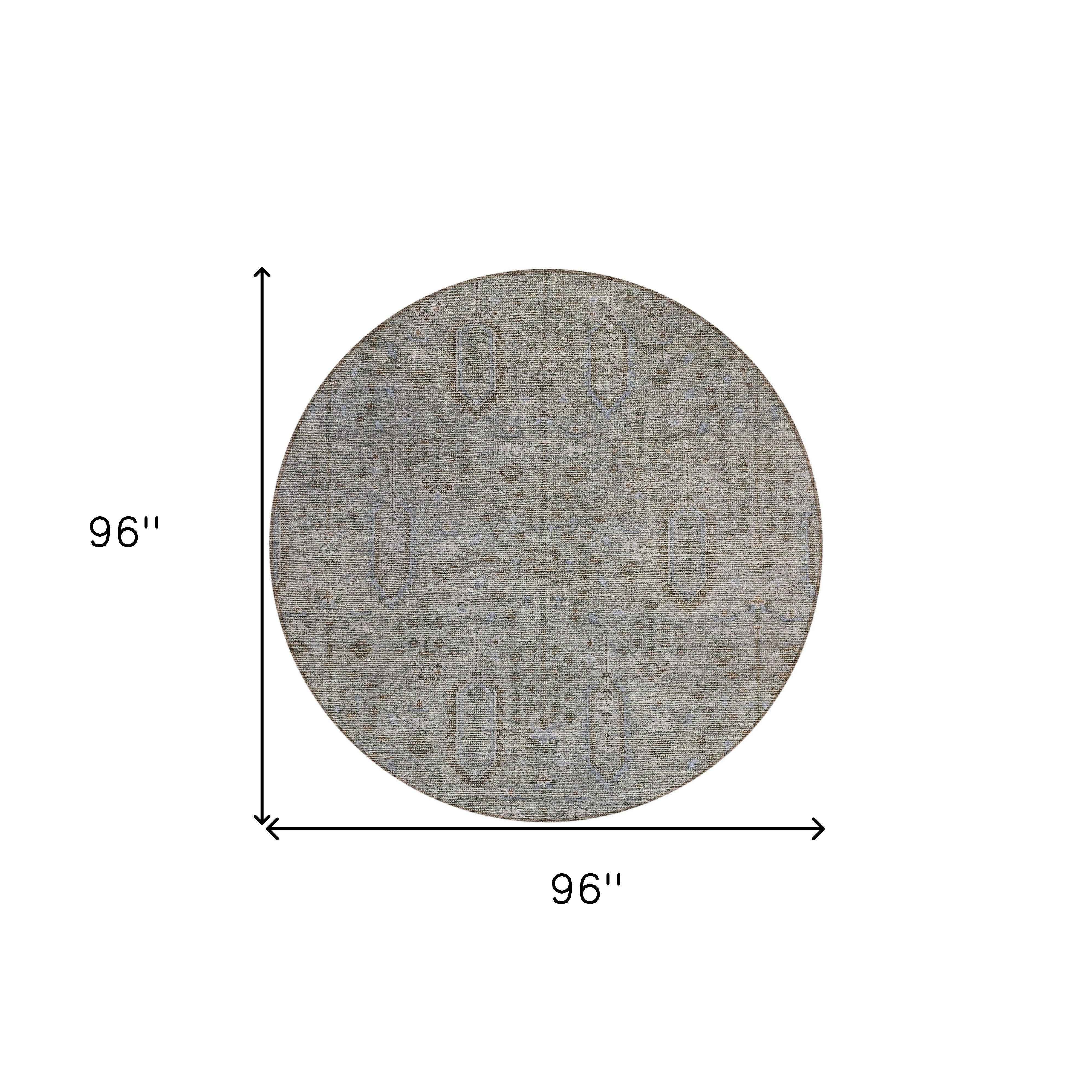 8' Gray And Silver Round Southwestern Washable Indoor Outdoor Area Rug