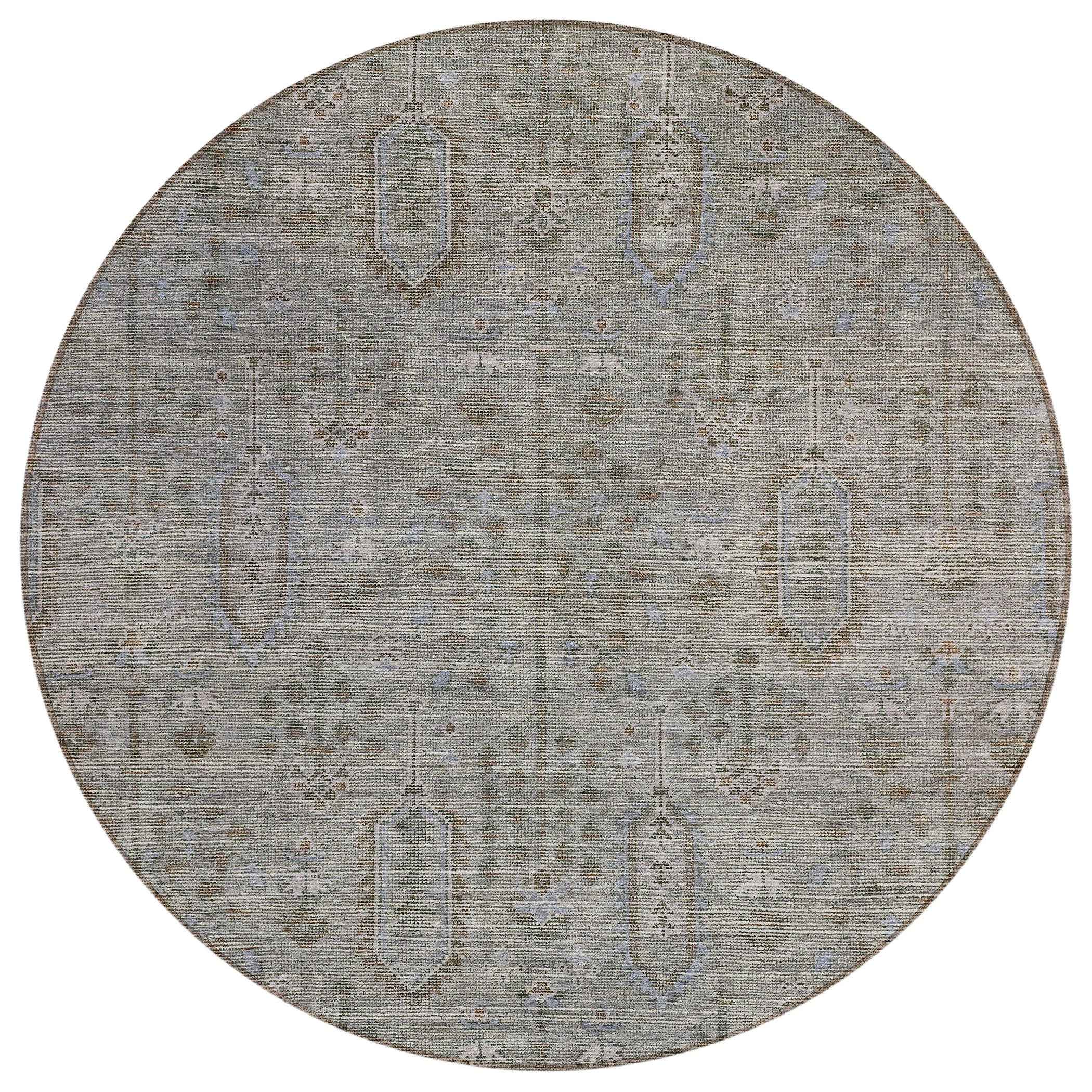8' Gray And Silver Round Southwestern Washable Indoor Outdoor Area Rug