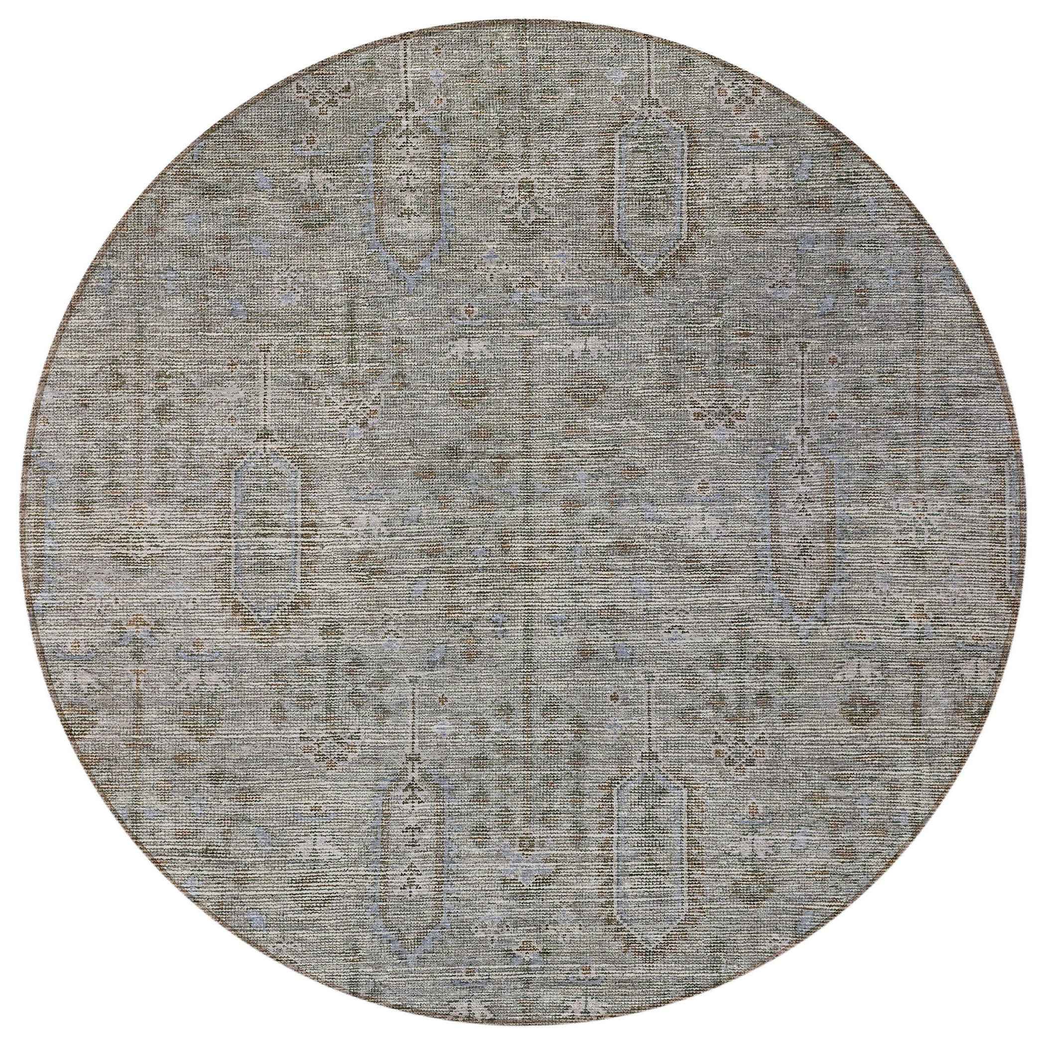 8' Gray And Silver Round Southwestern Washable Indoor Outdoor Area Rug
