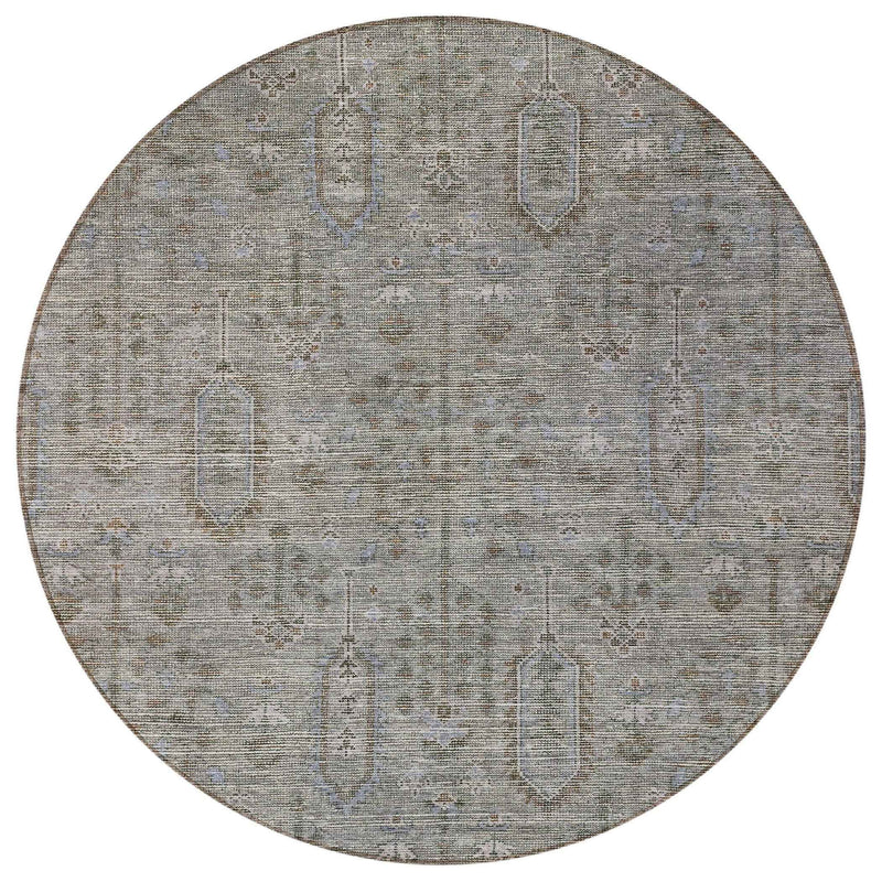 8' Gray And Silver Round Southwestern Washable Indoor Outdoor Area Rug