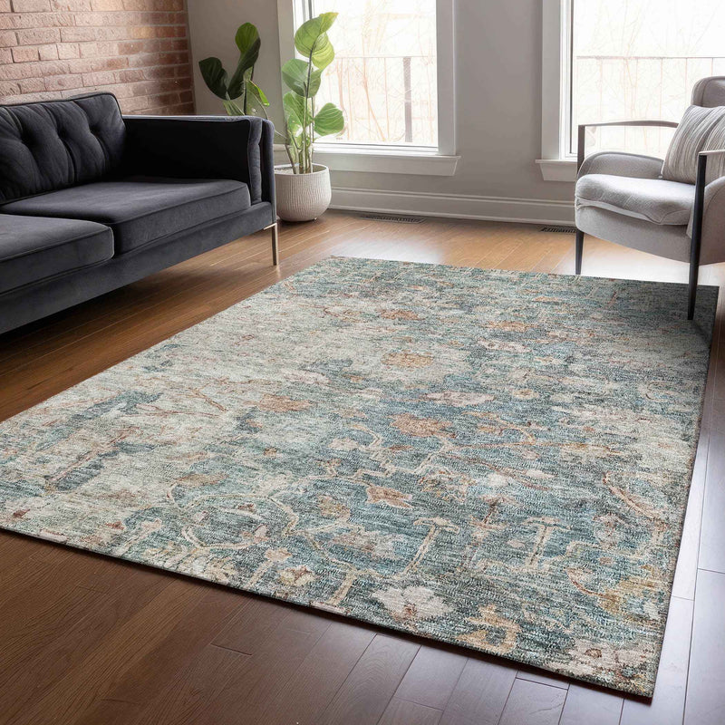 10' X 14' Green Blue And Gray Oriental Washable Indoor Outdoor Area Rug