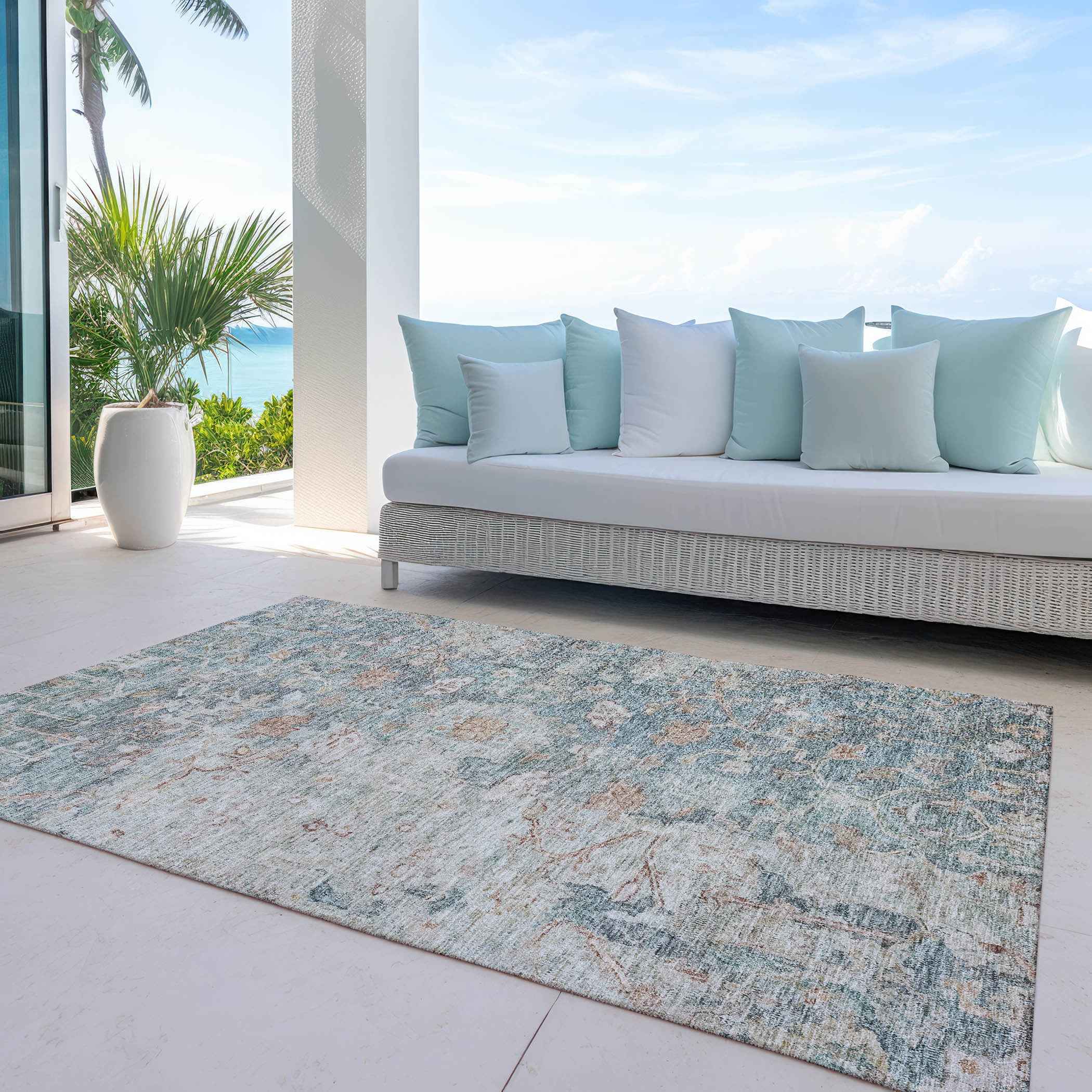 10' X 14' Green Blue And Gray Oriental Washable Indoor Outdoor Area Rug