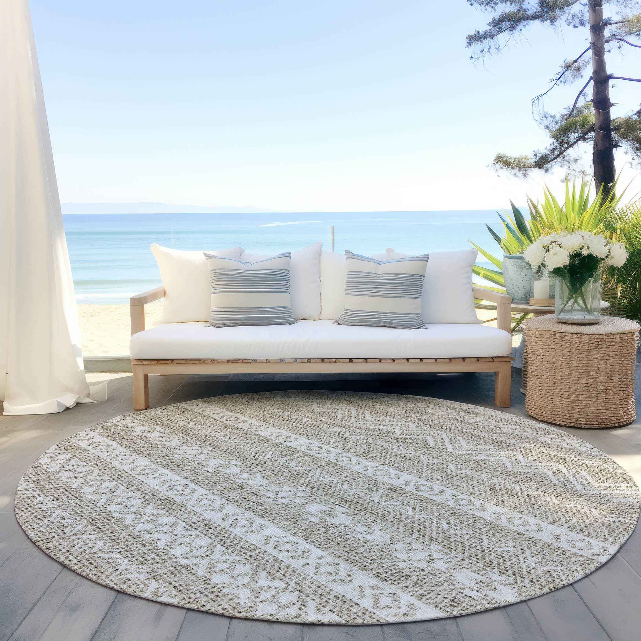 8' Beige And Ivory Round Southwestern Washable Indoor Outdoor Area Rug Default Title