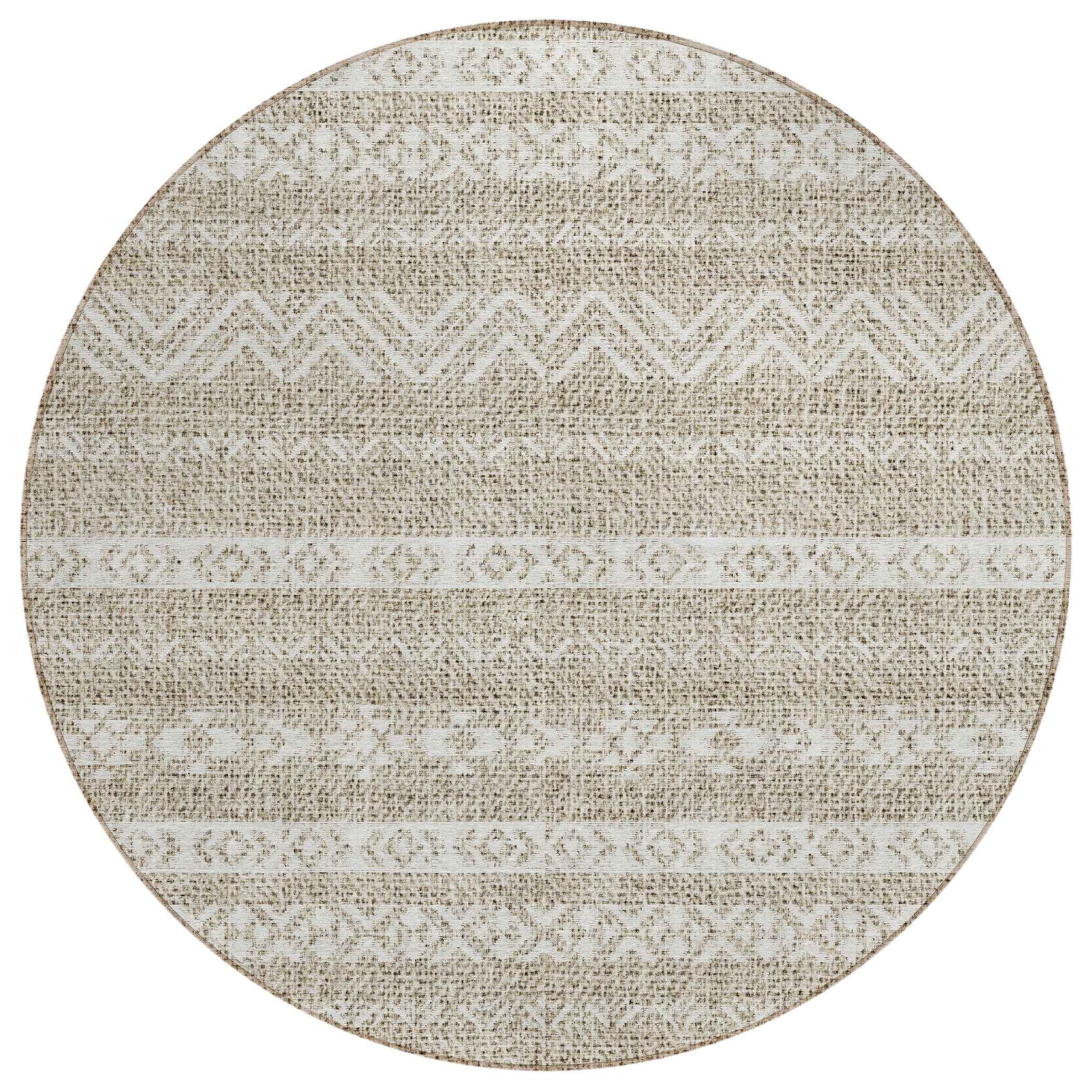 8' Beige And Ivory Round Southwestern Washable Indoor Outdoor Area Rug