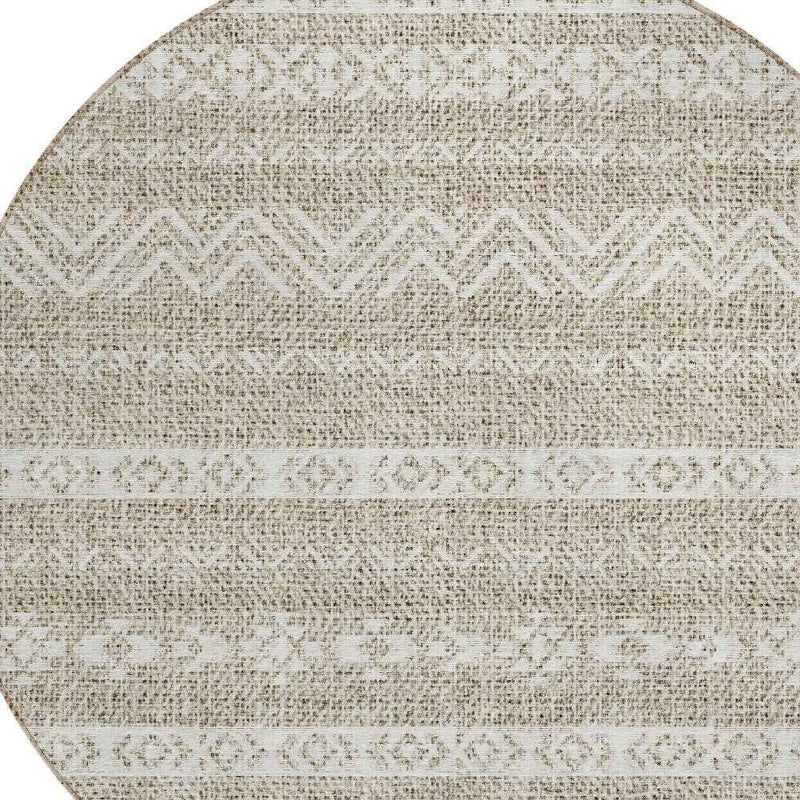 8' Beige And Ivory Round Southwestern Washable Indoor Outdoor Area Rug
