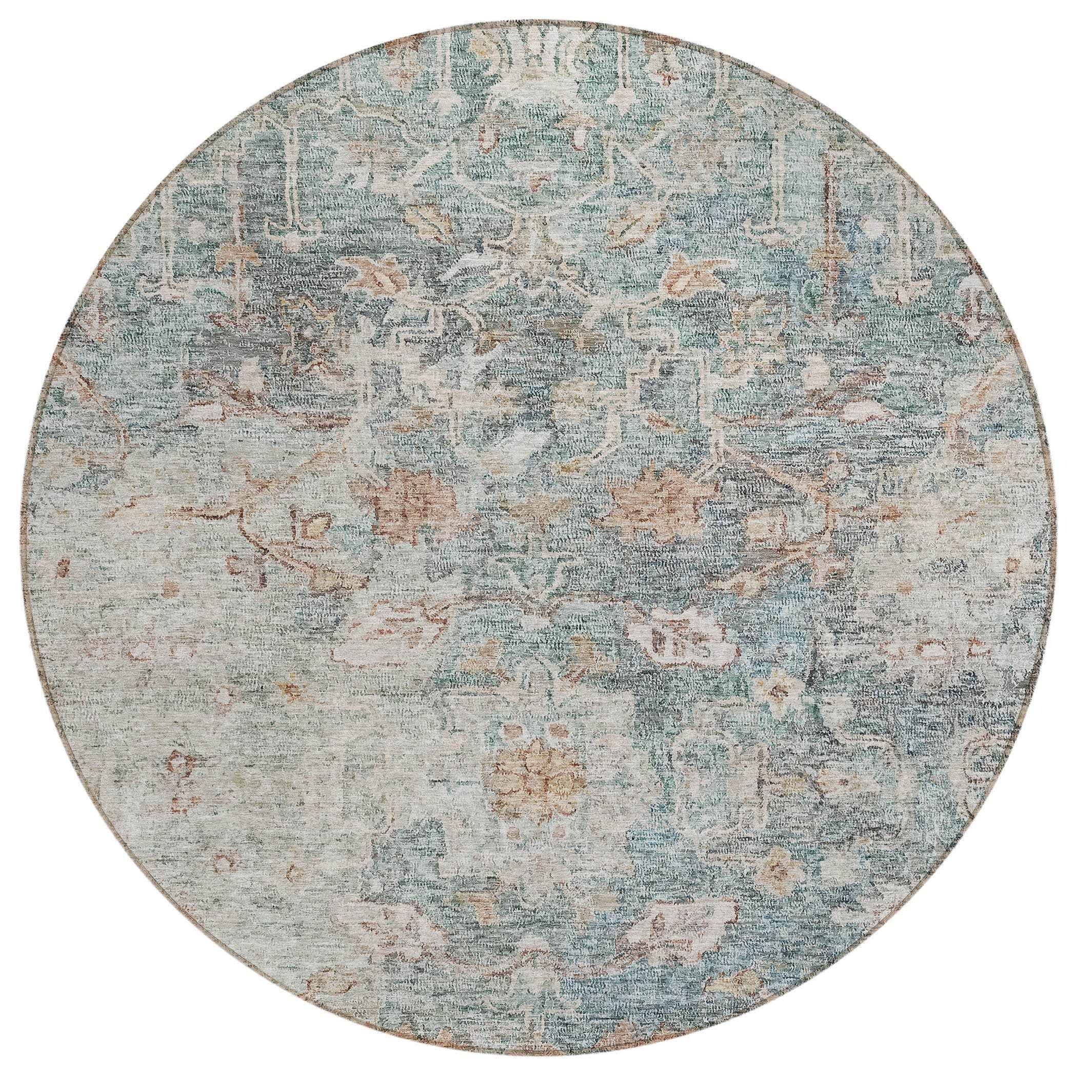 8' Green Blue And Gray Round Oriental Washable Indoor Outdoor Area Rug